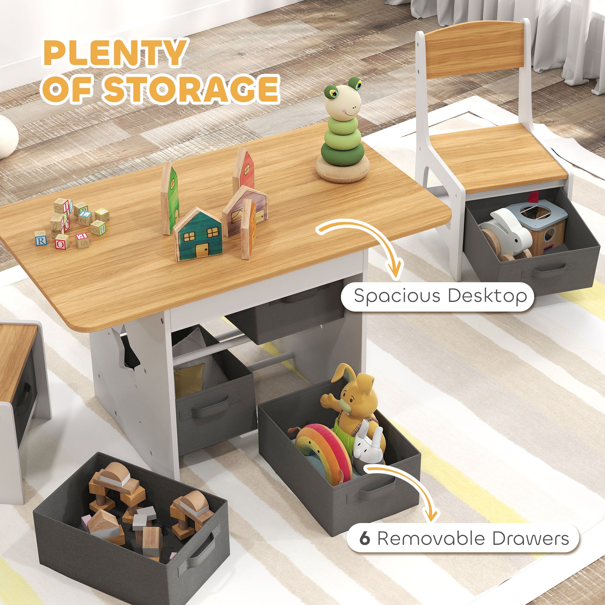 Qaba 3 Piece Kids Table and Chair Set with 6 Removable Drawers, for Classroom, Living Room, Bedroom, Nursery, Natural-Toys & Games > Toddler & Kids Furniture > Kids Table Sets-DECOROLALA