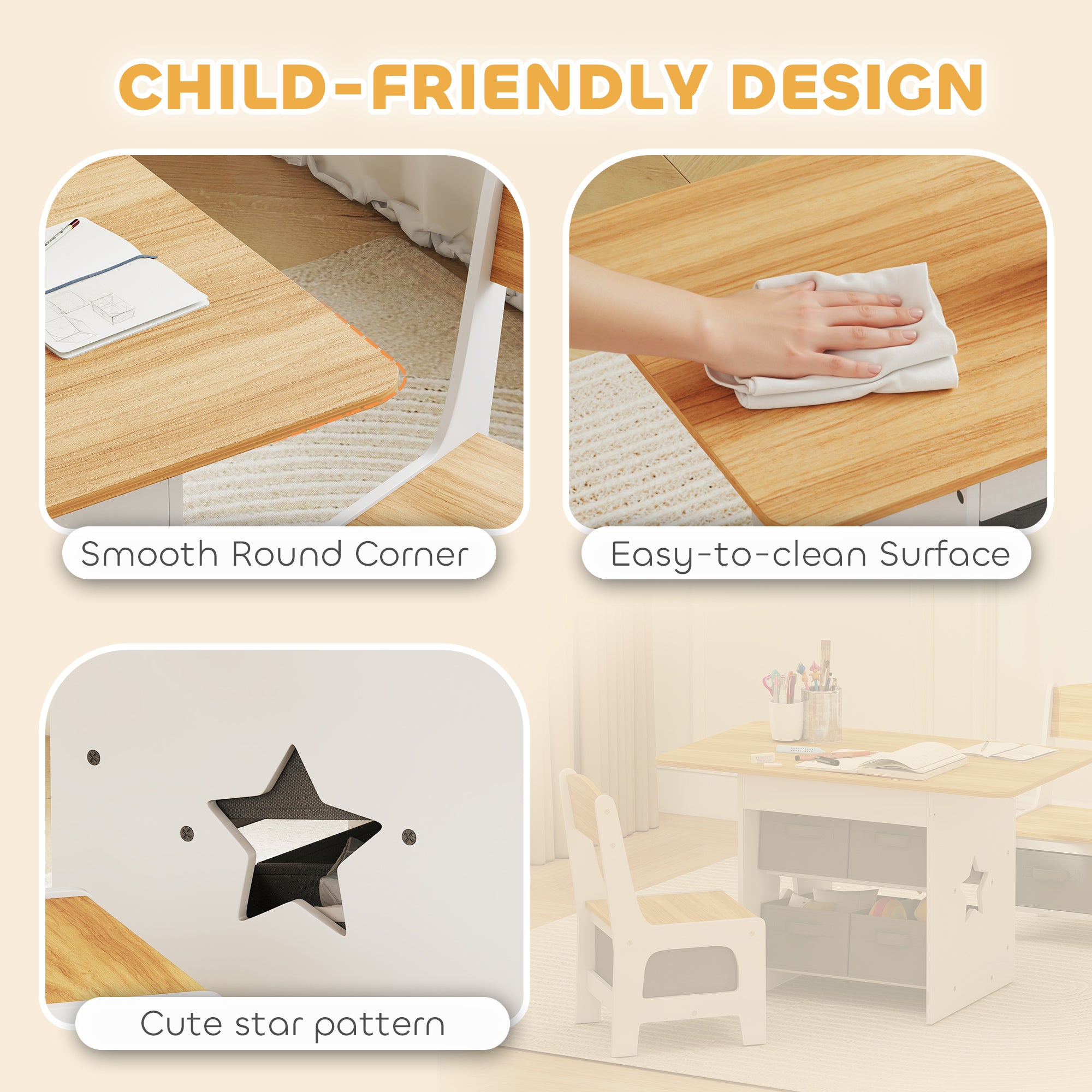 Qaba 3 Piece Kids Table and Chair Set with 6 Removable Drawers, for Classroom, Living Room, Bedroom, Nursery, Natural-Toys & Games > Toddler & Kids Furniture > Kids Table Sets-DECOROLALA