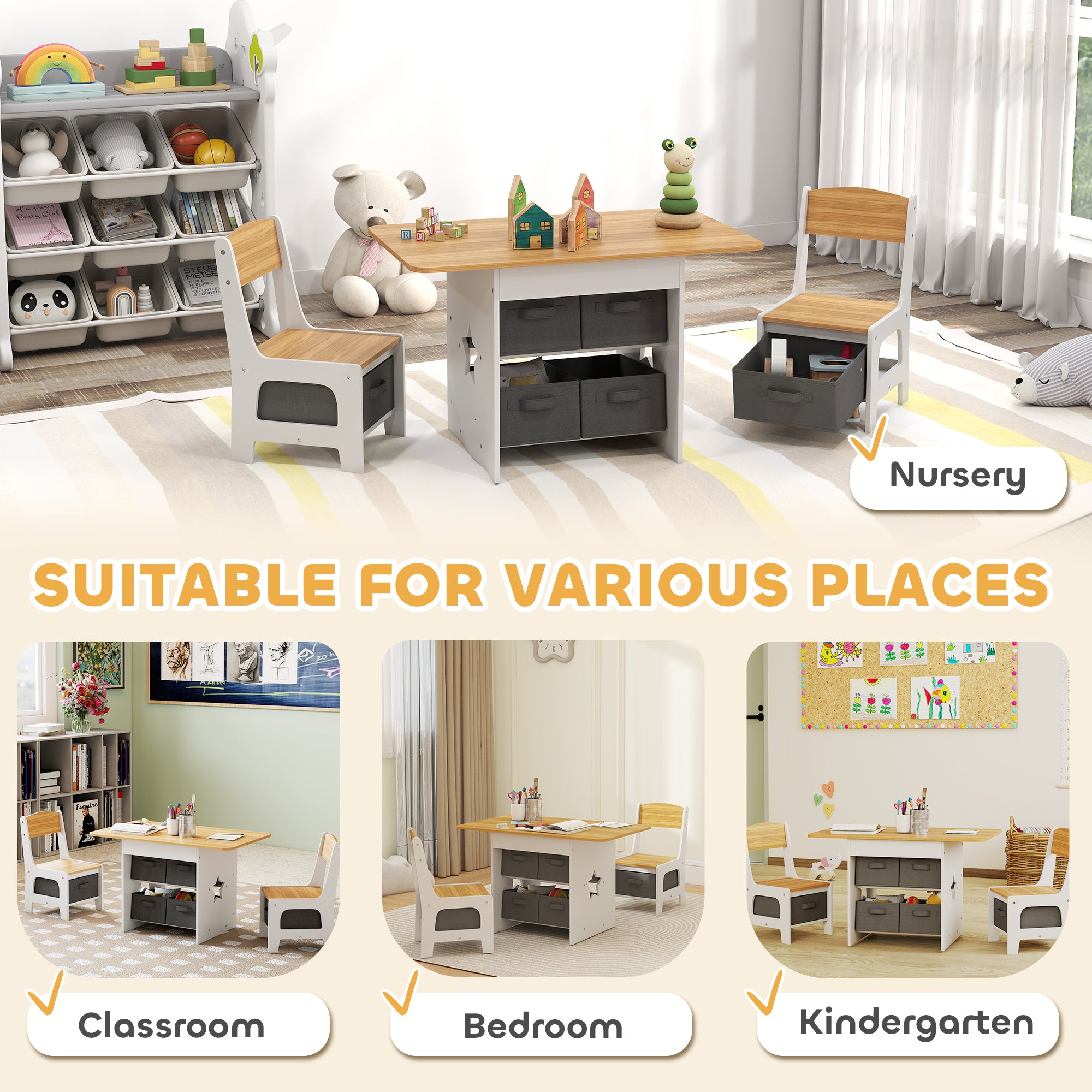 Qaba 3 Piece Kids Table and Chair Set with 6 Removable Drawers, for Classroom, Living Room, Bedroom, Nursery, Natural-Toys & Games > Toddler & Kids Furniture > Kids Table Sets-DECOROLALA