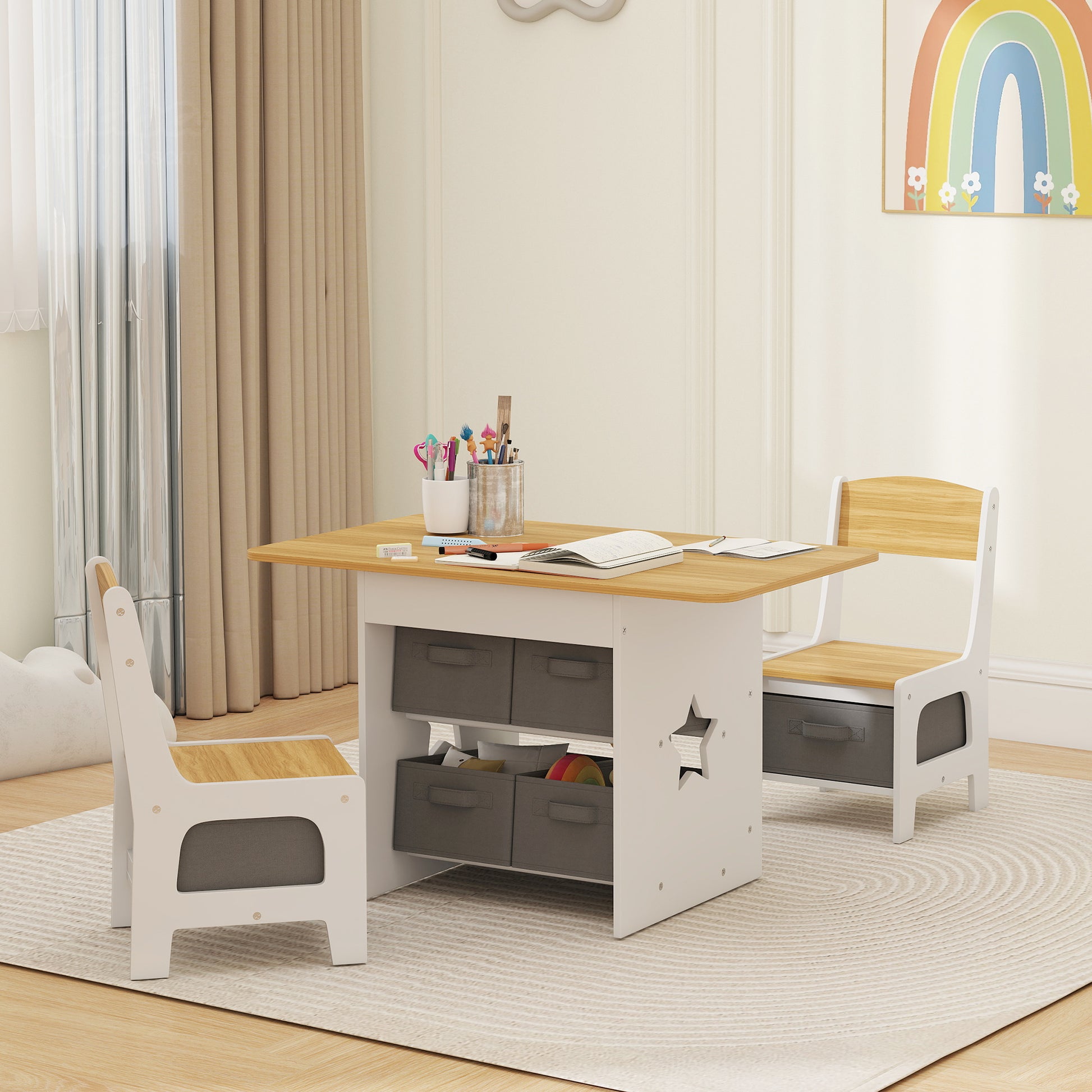 Qaba 3 Piece Kids Table and Chair Set with 6 Removable Drawers, for Classroom, Living Room, Bedroom, Nursery, Natural-Toys & Games > Toddler & Kids Furniture > Kids Table Sets-DECOROLALA