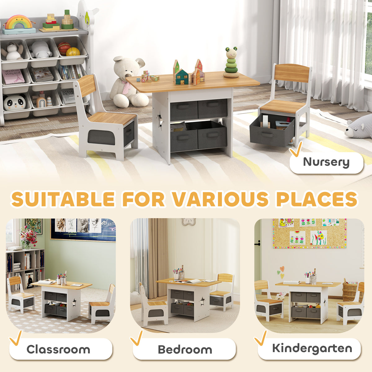 Qaba 3-Piece Kids Table and Chair Set with 6 Storage Drawers-Toys & Games > Toddler & Kids Furniture > Kids Table Sets-DECOROLALA