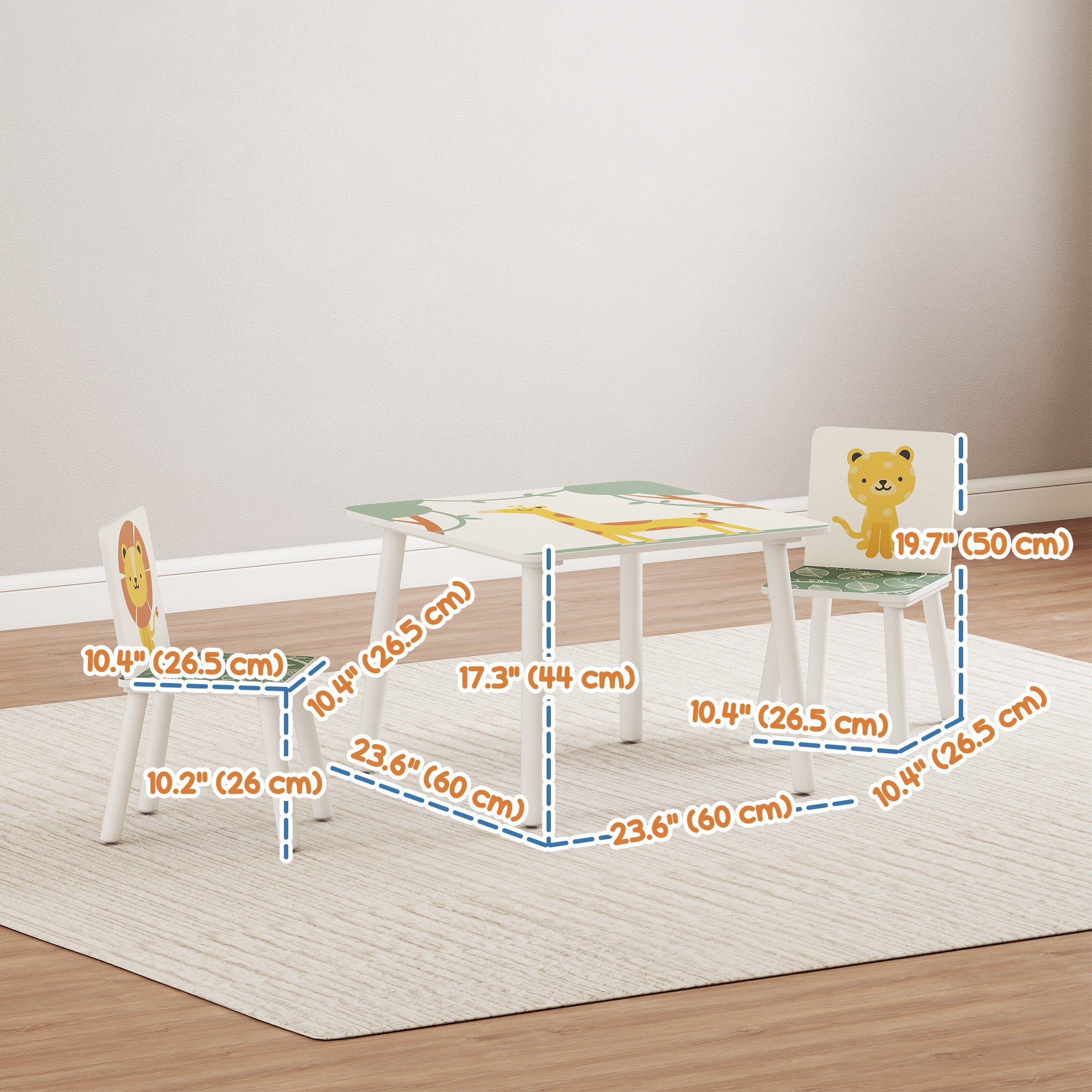 Qaba 3-Piece Kids Table and Chair Set with Animal Pattern for Boys and Girls Aged 3-8, Bedroom, Nursery, Playroom, Green-Toys & Games > Toddler & Kids Furniture > Kids Table Sets-DECOROLALA