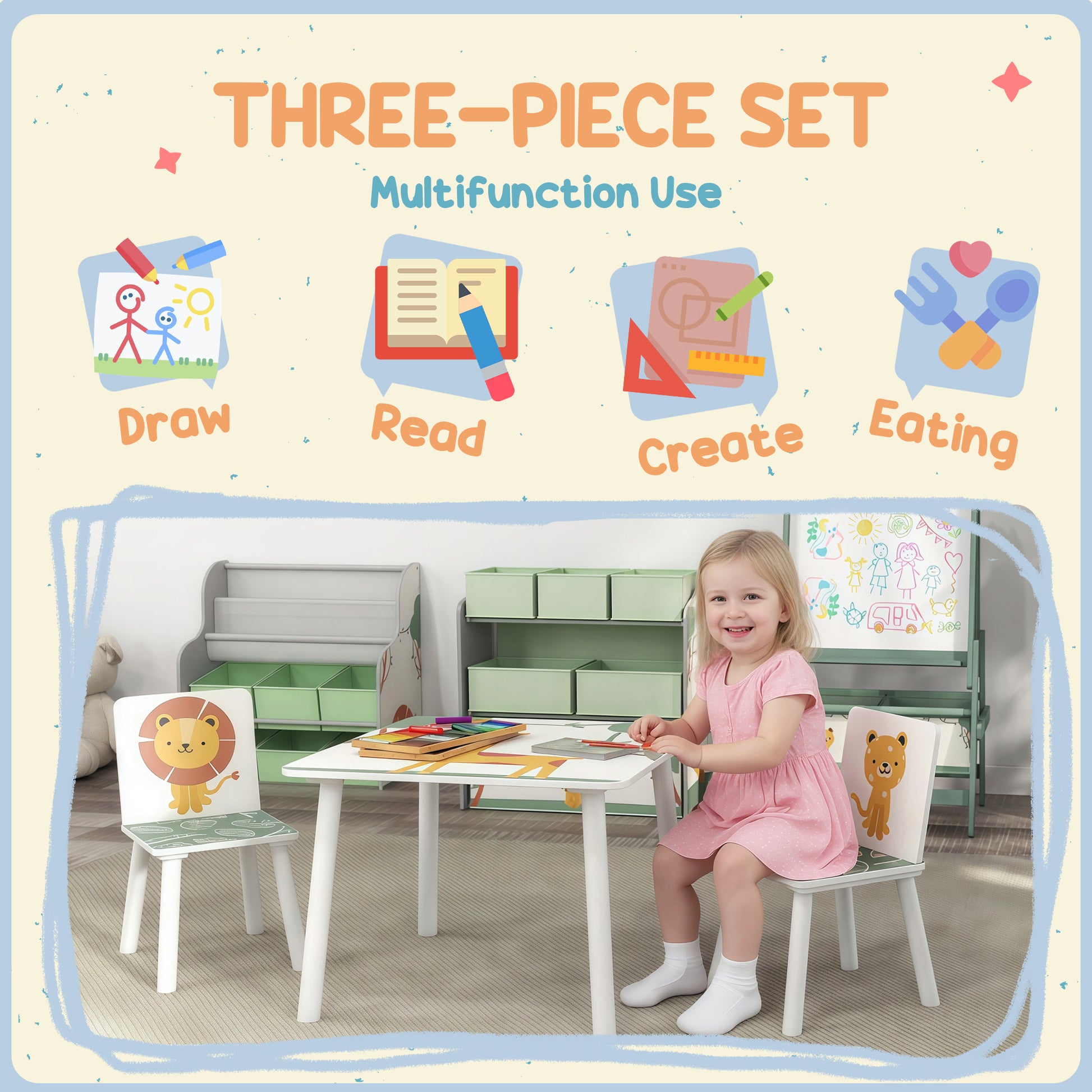 Qaba 3-Piece Kids Table and Chair Set with Animal Pattern for Boys and Girls Aged 3-8, Bedroom, Nursery, Playroom, Green-Toys & Games > Toddler & Kids Furniture > Kids Table Sets-DECOROLALA