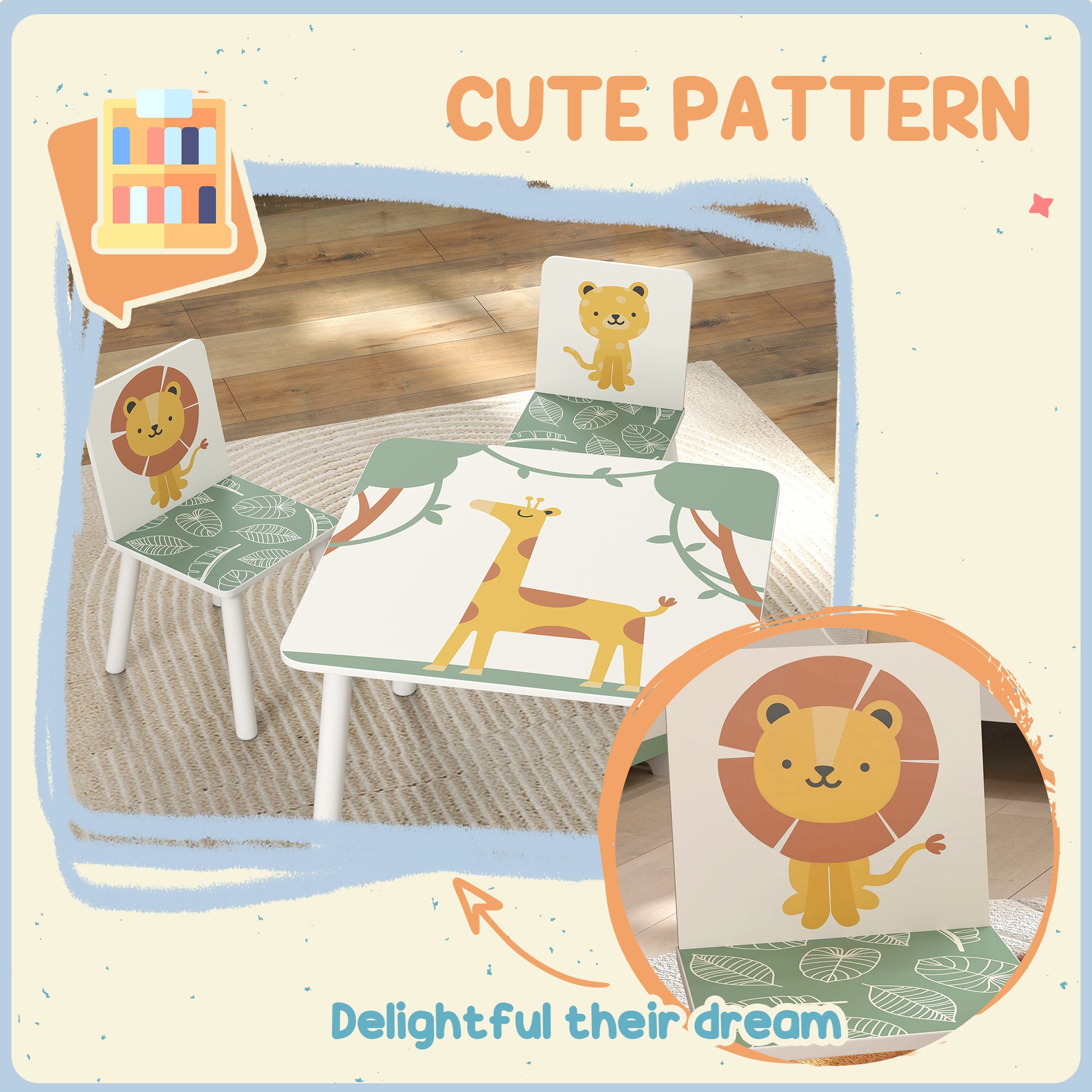 Qaba 3-Piece Kids Table and Chair Set with Animal Pattern for Boys and Girls Aged 3-8, Bedroom, Nursery, Playroom, Green-Toys & Games > Toddler & Kids Furniture > Kids Table Sets-DECOROLALA