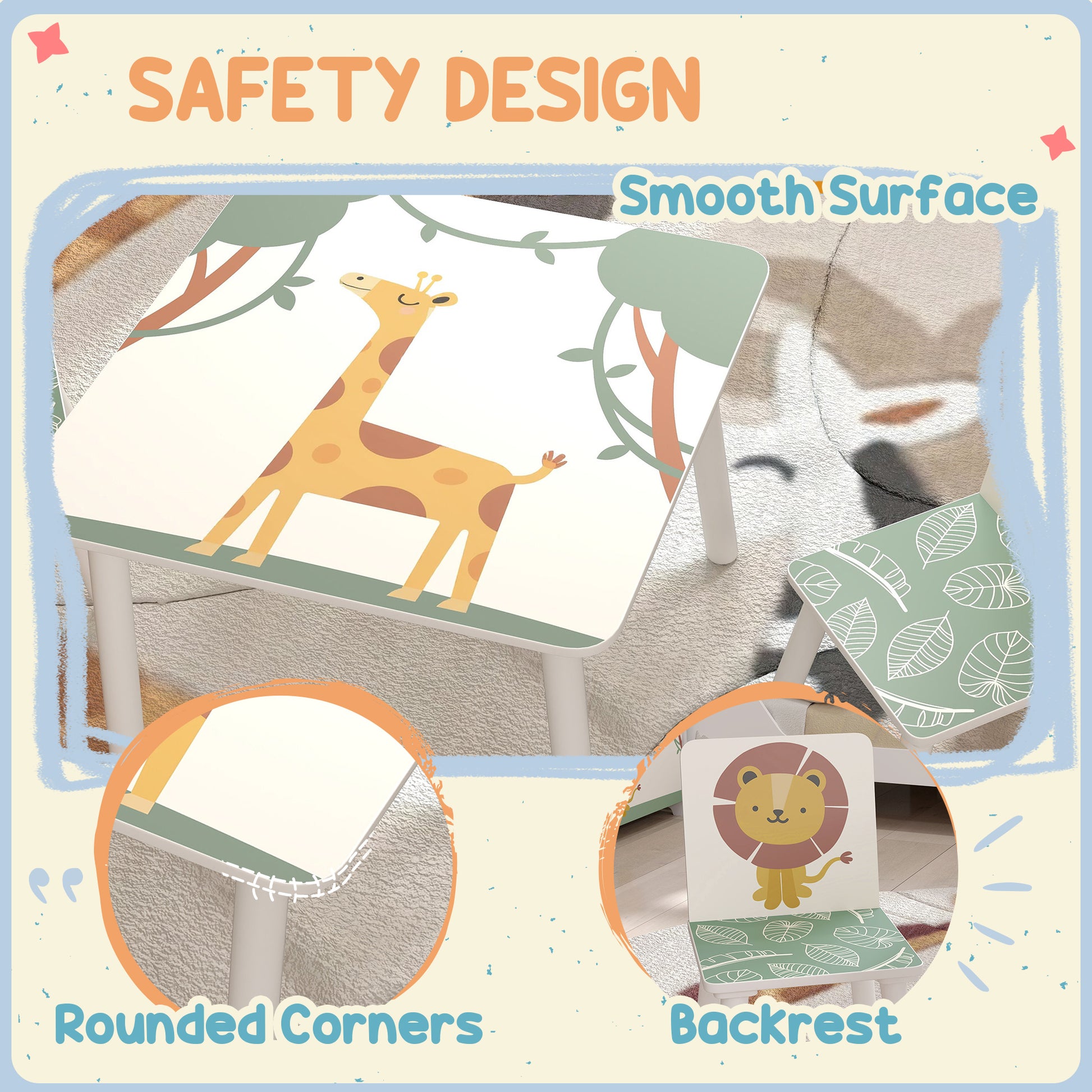 Qaba 3-Piece Kids Table and Chair Set with Animal Pattern for Boys and Girls Aged 3-8, Bedroom, Nursery, Playroom, Green-Toys & Games > Toddler & Kids Furniture > Kids Table Sets-DECOROLALA
