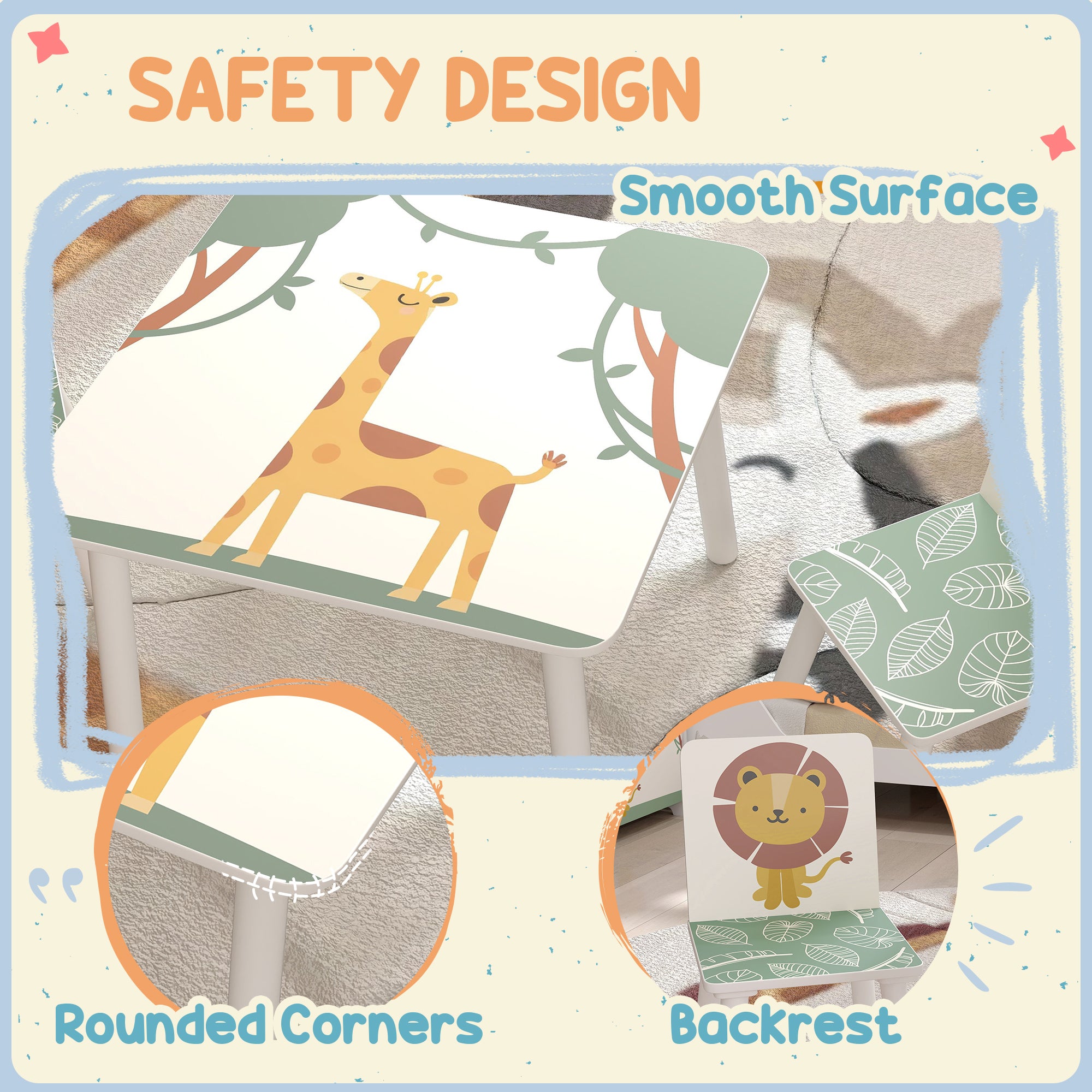 Qaba 3-Piece Kids Table and Chair Set with Animal Pattern for Boys and Girls Aged 3-8, Bedroom, Nursery, Playroom, Green-Toys & Games > Toddler & Kids Furniture > Kids Table Sets-DECOROLALA