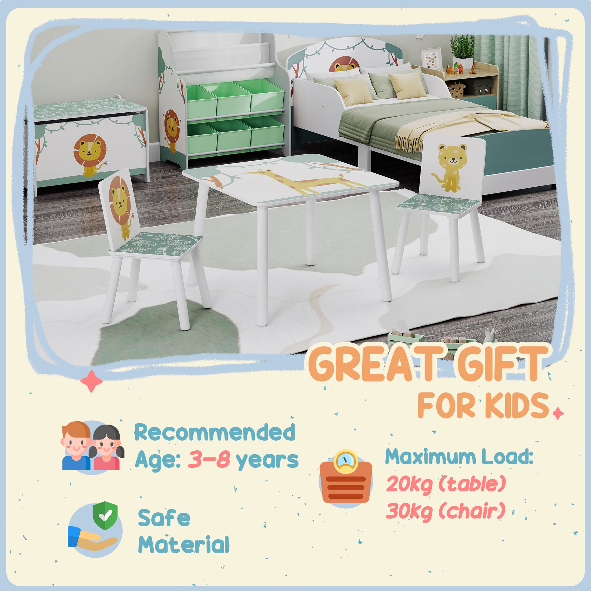 Qaba 3-Piece Kids Table and Chair Set with Animal Pattern for Boys and Girls Aged 3-8, Bedroom, Nursery, Playroom, Green-Toys & Games > Toddler & Kids Furniture > Kids Table Sets-DECOROLALA