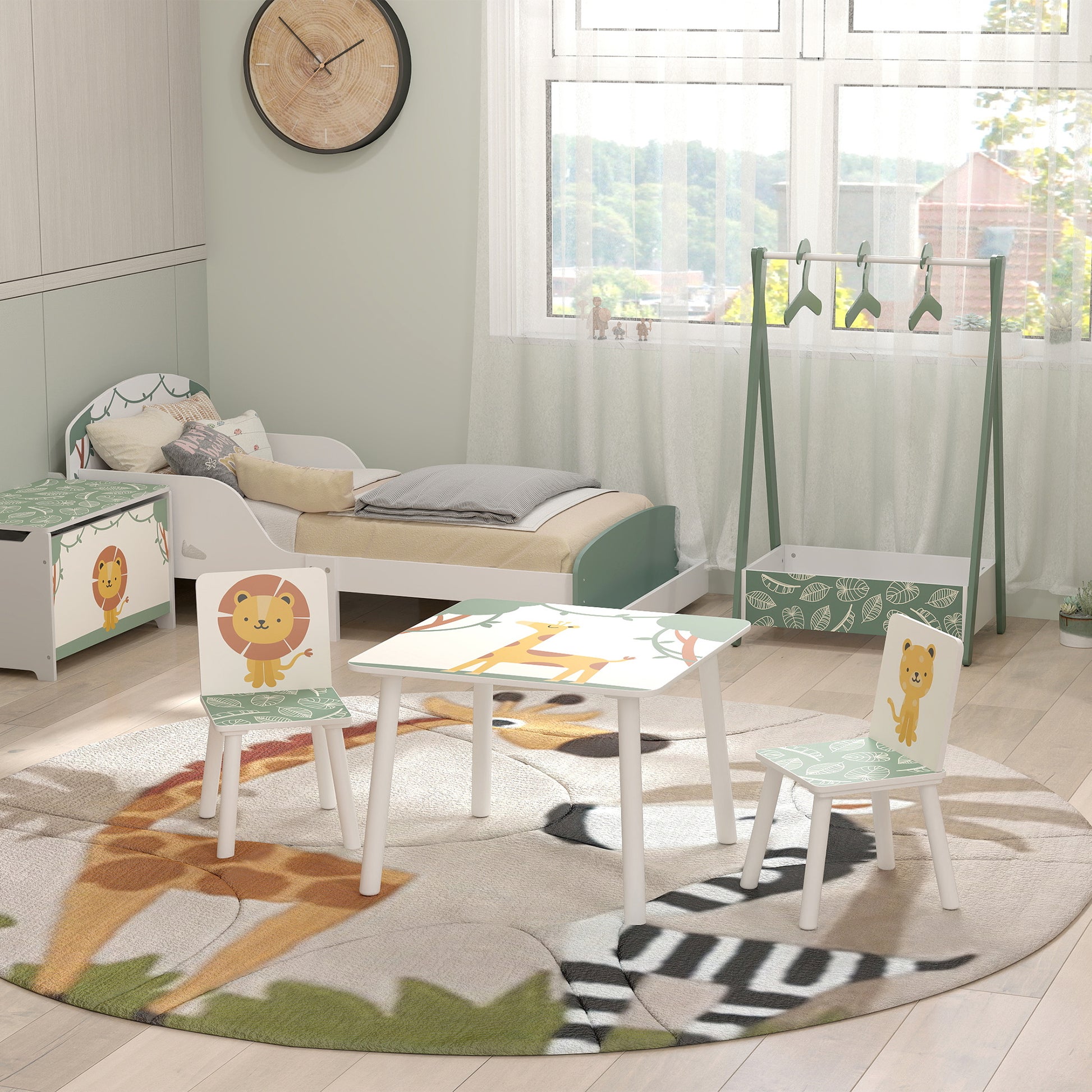 Qaba 3-Piece Kids Table and Chair Set with Animal Pattern for Boys and Girls Aged 3-8, Bedroom, Nursery, Playroom, Green-Toys & Games > Toddler & Kids Furniture > Kids Table Sets-DECOROLALA