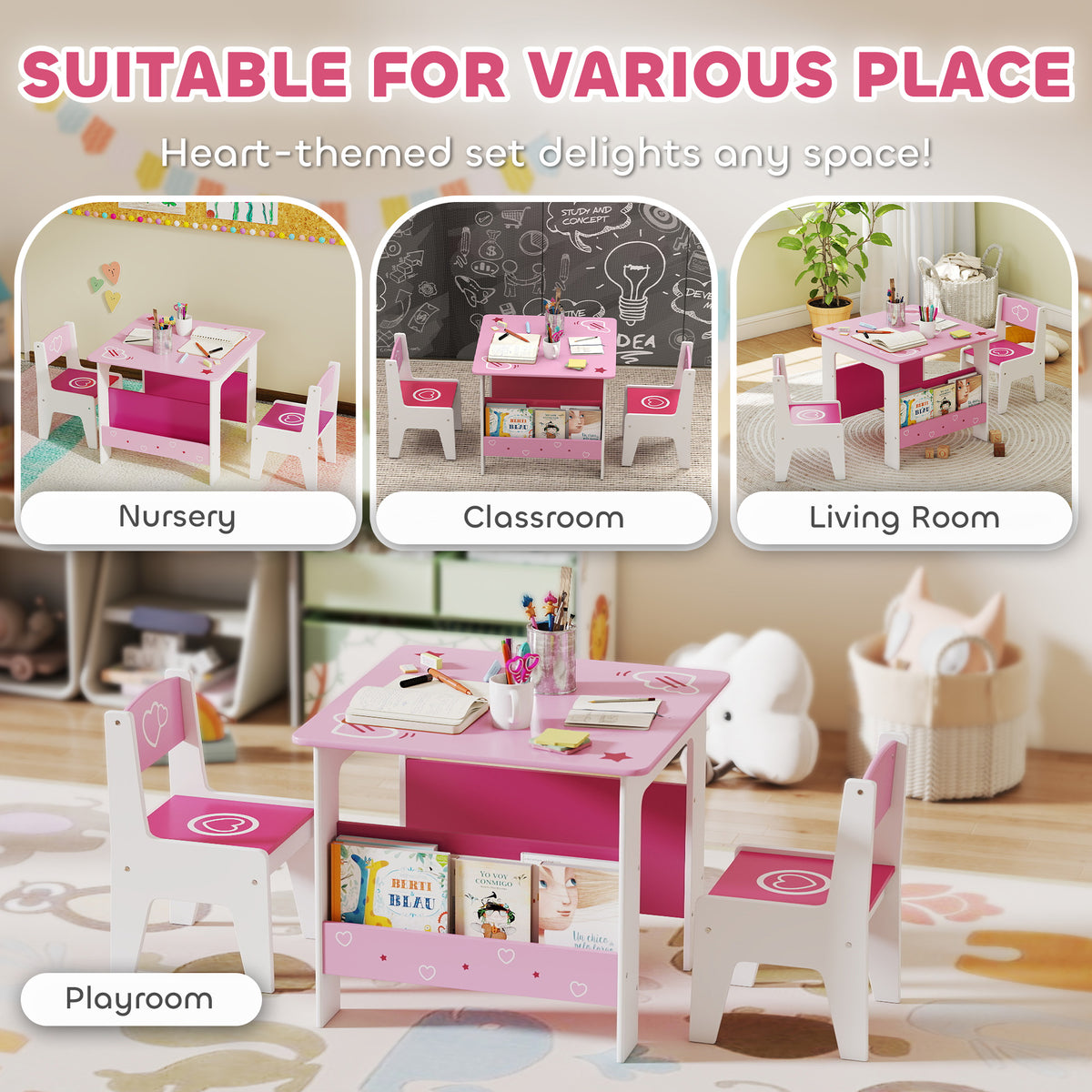 Qaba 3-Piece Kids Table and Chair Set with Bookshelves - Pink-Toys & Games > Toddler & Kids Furniture > Kids Table Sets-DECOROLALA