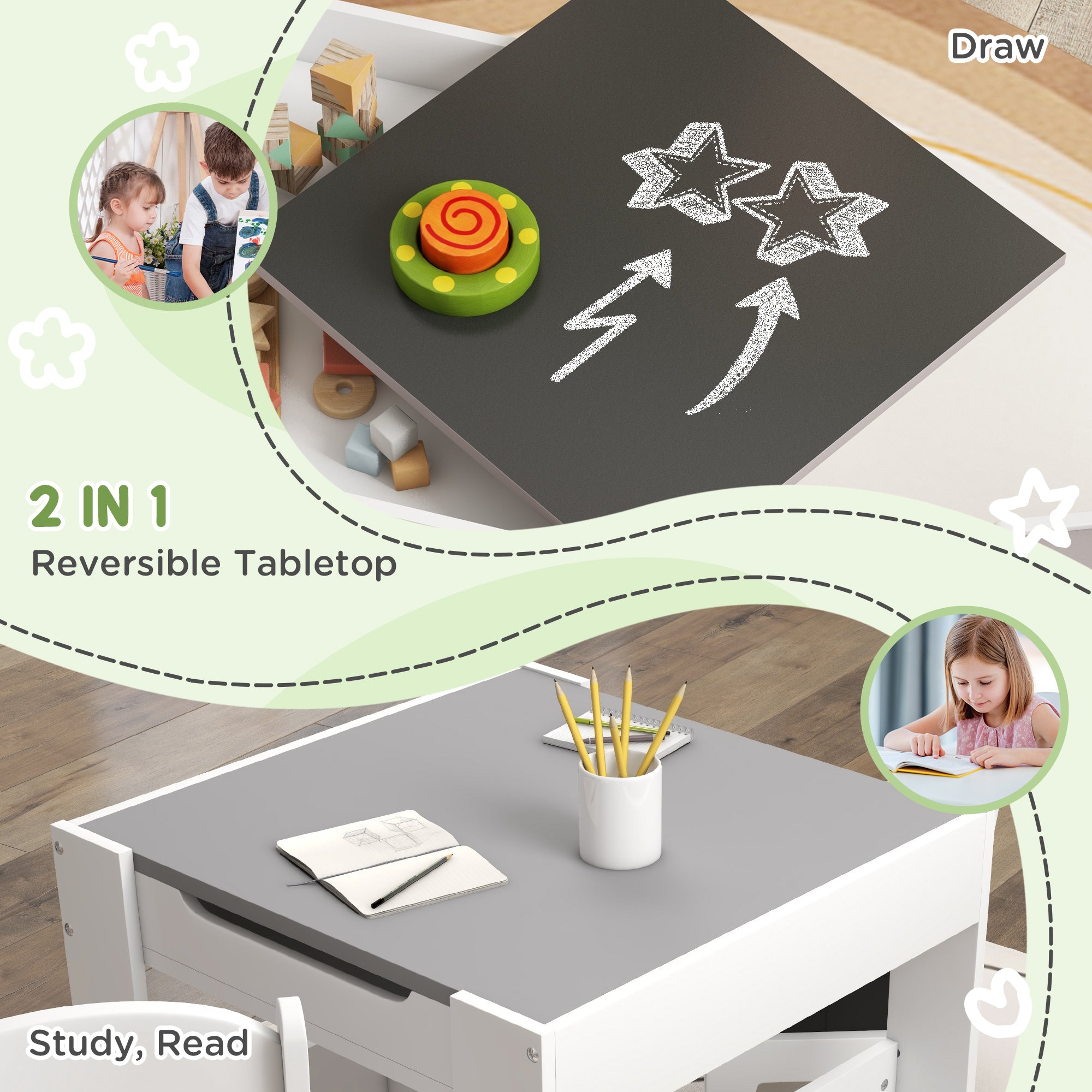 Qaba 3 Piece Kids Table and Chair Set with Reversible Tabletop, Blackboard, Storage, Bookshelf, for Playroom, Nursery, Grey-Toys & Games > Toddler & Kids Furniture > Kids Table Sets-DECOROLALA
