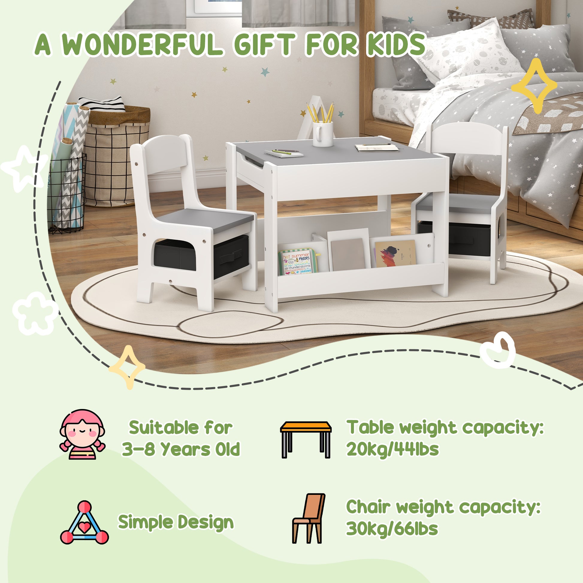 Qaba 3 Piece Kids Table and Chair Set with Reversible Tabletop, Blackboard, Storage, Bookshelf, for Playroom, Nursery, Grey-Toys & Games > Toddler & Kids Furniture > Kids Table Sets-DECOROLALA
