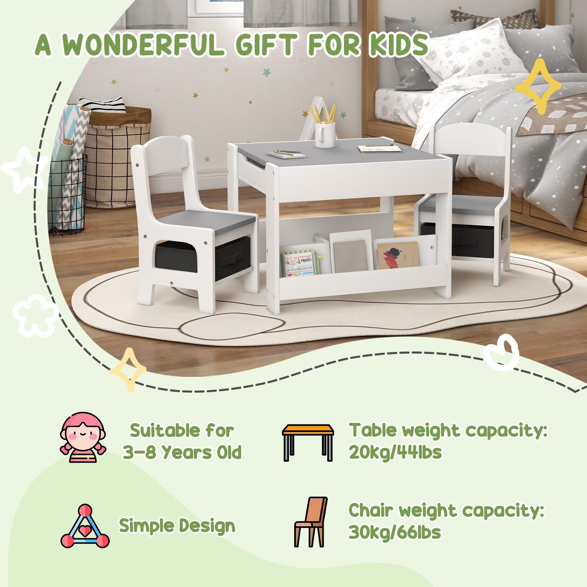 Qaba 3 Piece Kids Table and Chair Set with Reversible Tabletop, Blackboard, Storage, Bookshelf, for Playroom, Nursery, Grey-Toys & Games > Toddler & Kids Furniture > Kids Table Sets-DECOROLALA
