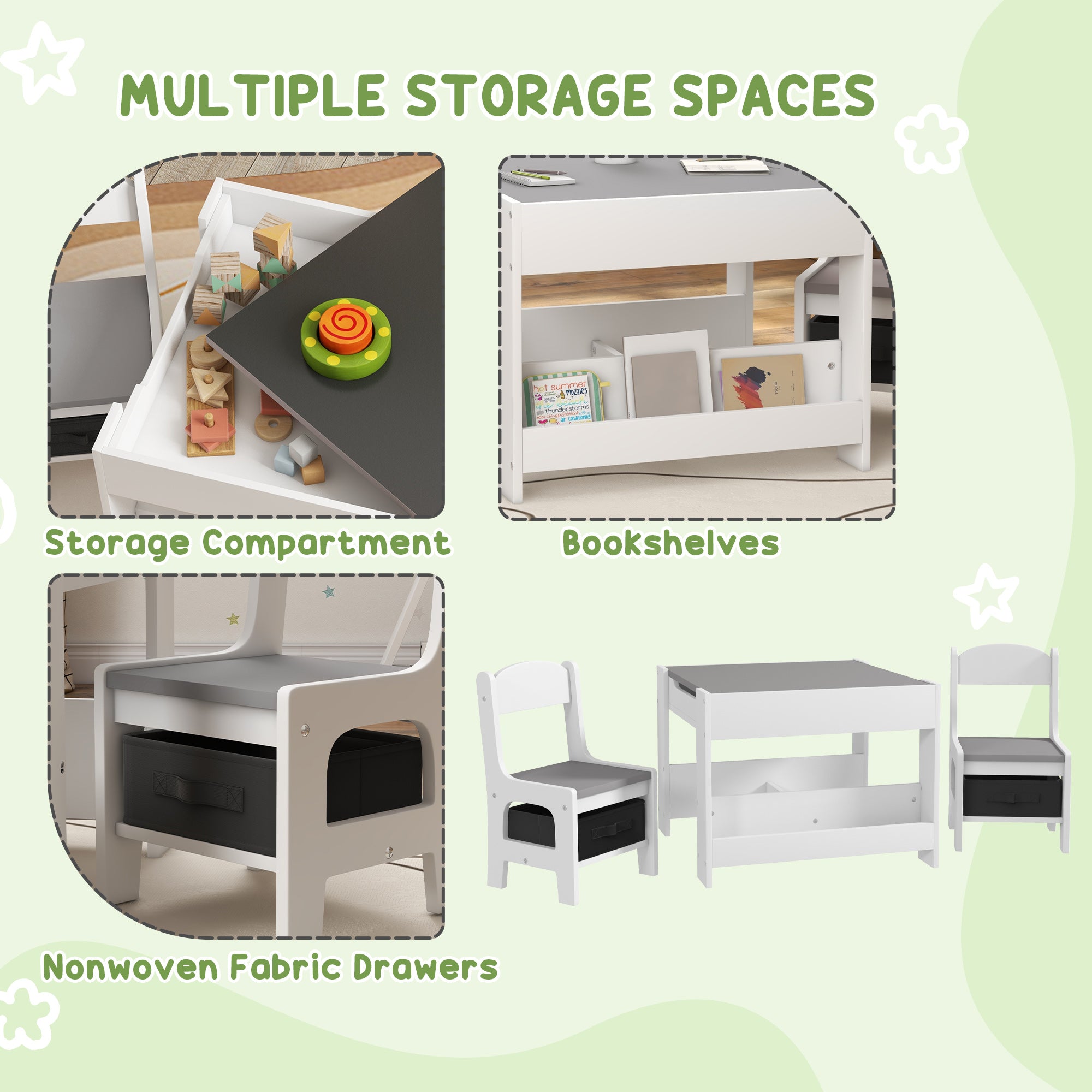 Qaba 3 Piece Kids Table and Chair Set with Reversible Tabletop, Blackboard, Storage, Bookshelf, for Playroom, Nursery, Grey-Toys & Games > Toddler & Kids Furniture > Kids Table Sets-DECOROLALA