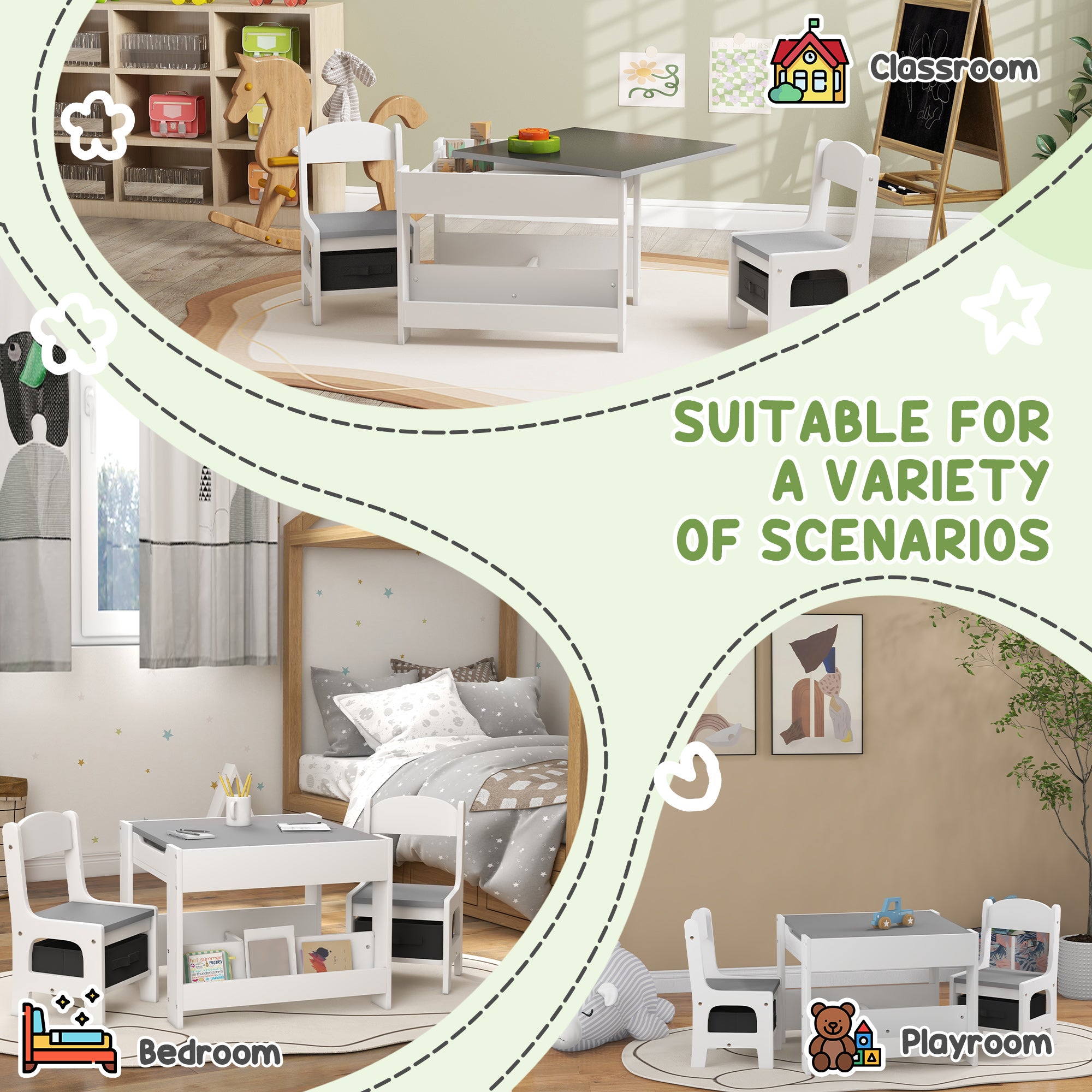 Qaba 3 Piece Kids Table and Chair Set with Reversible Tabletop, Blackboard, Storage, Bookshelf, for Playroom, Nursery, Grey-Toys & Games > Toddler & Kids Furniture > Kids Table Sets-DECOROLALA