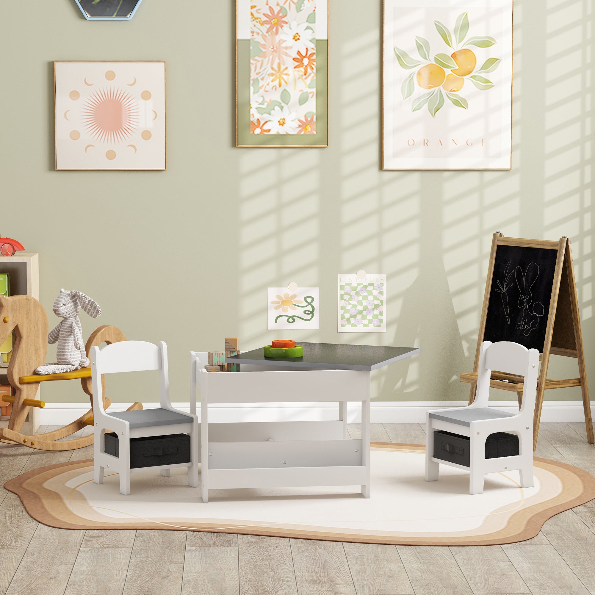 Qaba 3 Piece Kids Table and Chair Set with Reversible Tabletop, Blackboard, Storage, Bookshelf, for Playroom, Nursery, Grey-Toys & Games > Toddler & Kids Furniture > Kids Table Sets-DECOROLALA