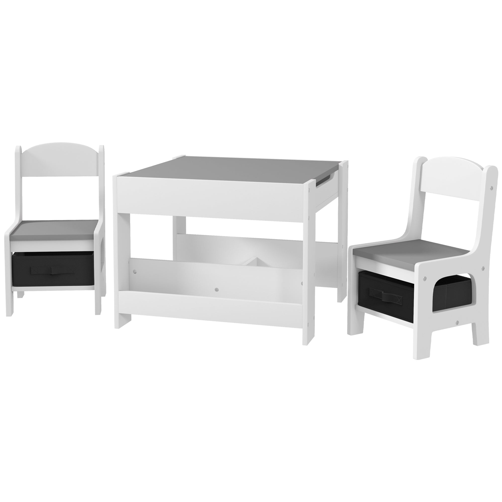 Qaba 3 Piece Kids Table and Chair Set with Reversible Tabletop, Blackboard, Storage, Bookshelf, for Playroom, Nursery, Grey-Toys & Games > Toddler & Kids Furniture > Kids Table Sets-DECOROLALA