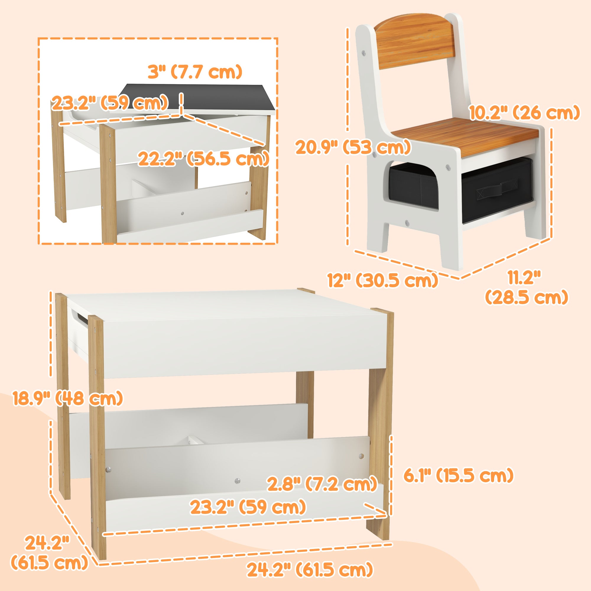Qaba 3 Piece Kids Table and Chair Set with Reversible Tabletop, Blackboard, Storage, Bookshelf, for Playroom, Nursery Natural-Toys & Games > Toddler & Kids Furniture > Kids Table Sets-DECOROLALA