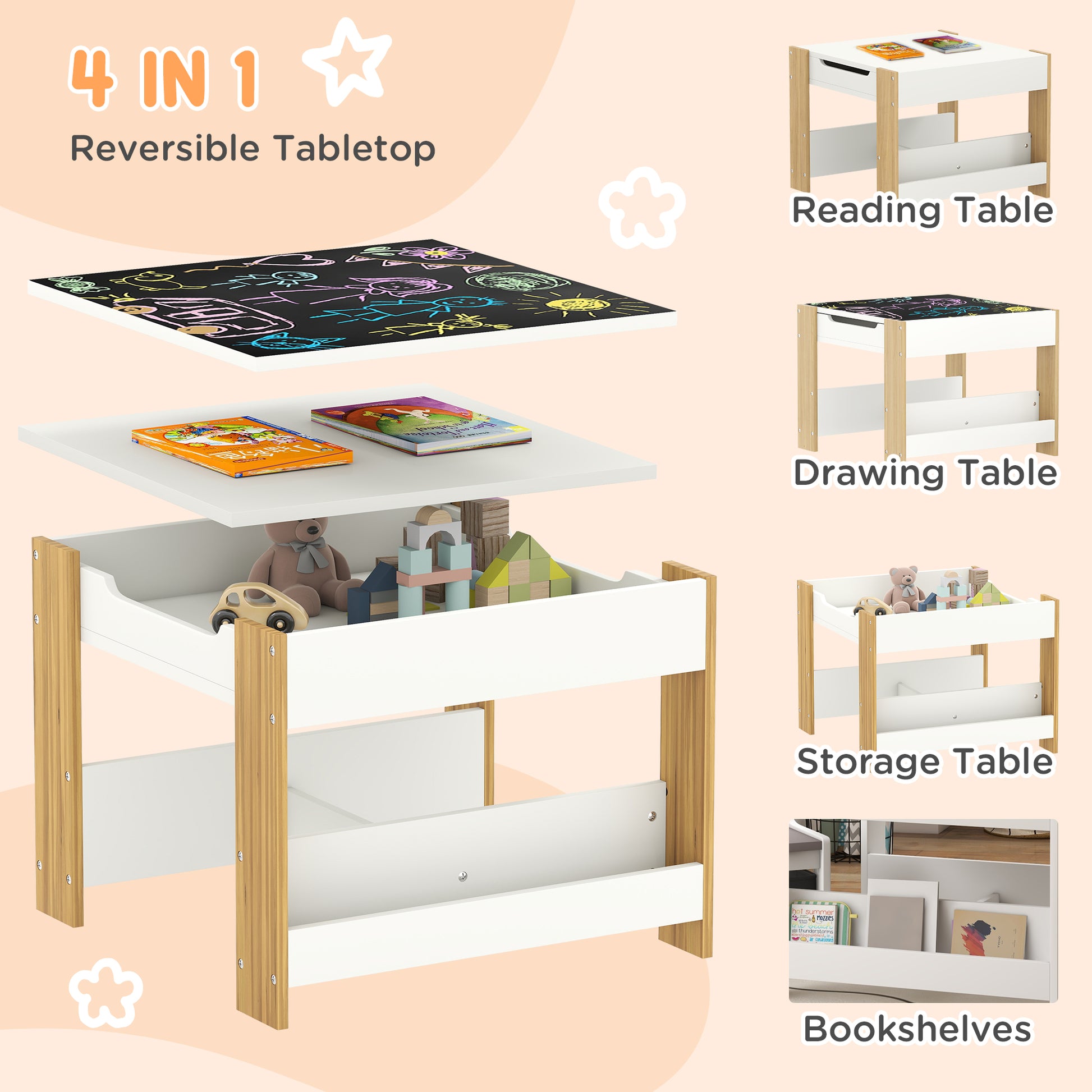 Qaba 3 Piece Kids Table and Chair Set with Reversible Tabletop, Blackboard, Storage, Bookshelf, for Playroom, Nursery Natural-Toys & Games > Toddler & Kids Furniture > Kids Table Sets-DECOROLALA