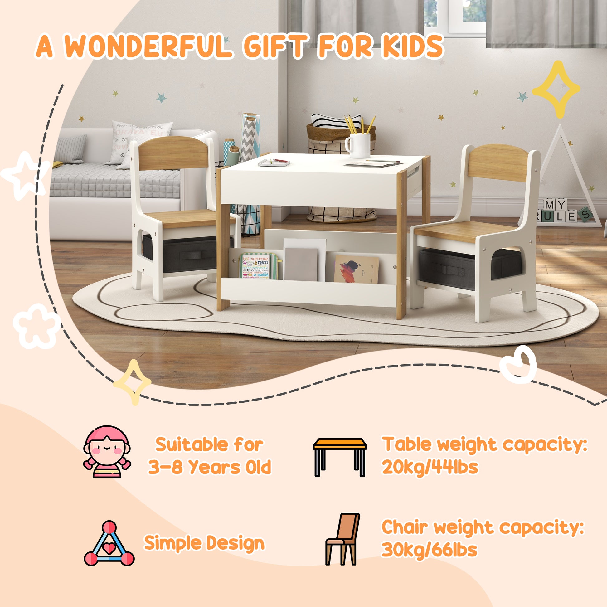 Qaba 3 Piece Kids Table and Chair Set with Reversible Tabletop, Blackboard, Storage, Bookshelf, for Playroom, Nursery Natural-Toys & Games > Toddler & Kids Furniture > Kids Table Sets-DECOROLALA
