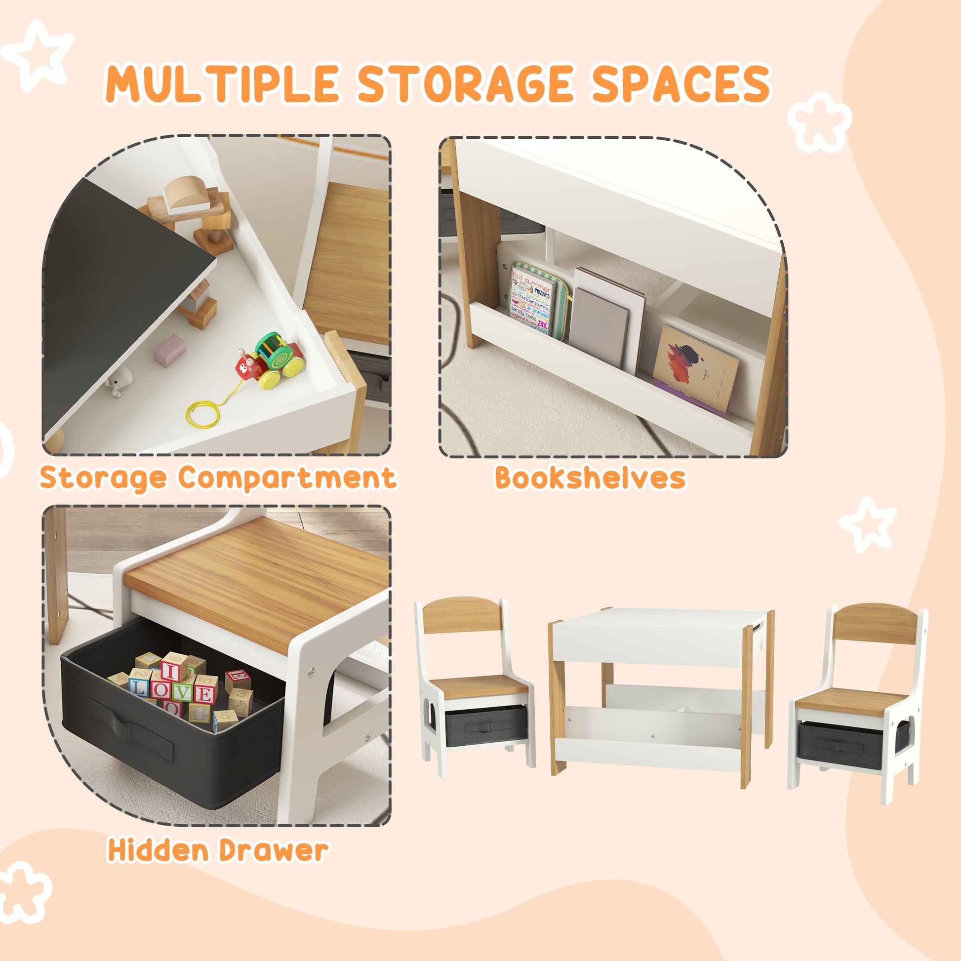 Qaba 3 Piece Kids Table and Chair Set with Reversible Tabletop, Blackboard, Storage, Bookshelf, for Playroom, Nursery Natural-Toys & Games > Toddler & Kids Furniture > Kids Table Sets-DECOROLALA