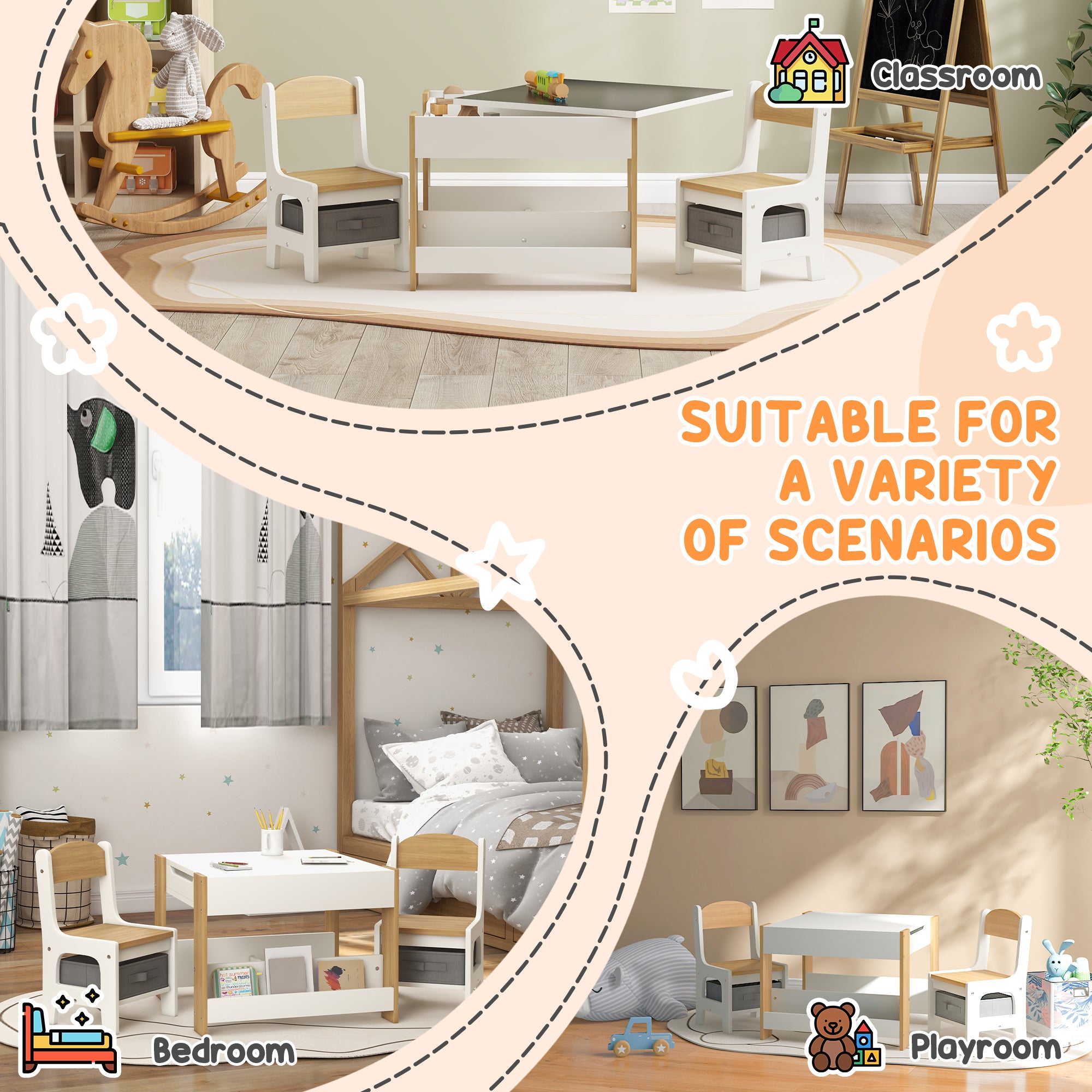 Qaba 3 Piece Kids Table and Chair Set with Reversible Tabletop, Blackboard, Storage, Bookshelf, for Playroom, Nursery Natural-Toys & Games > Toddler & Kids Furniture > Kids Table Sets-DECOROLALA