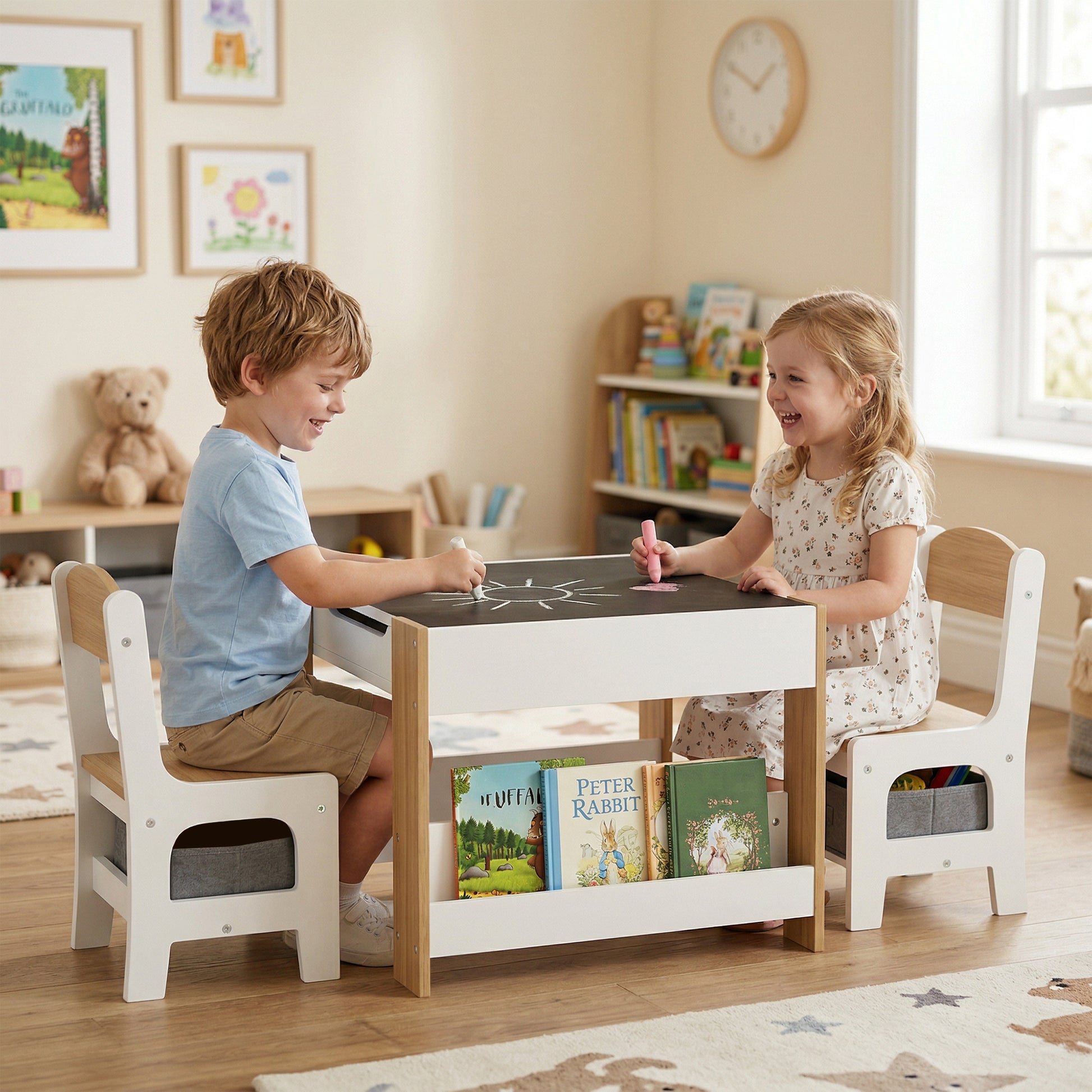 Qaba 3 Piece Kids Table and Chair Set with Reversible Tabletop, Blackboard, Storage, Bookshelf, for Playroom, Nursery Natural-Toys & Games > Toddler & Kids Furniture > Kids Table Sets-DECOROLALA