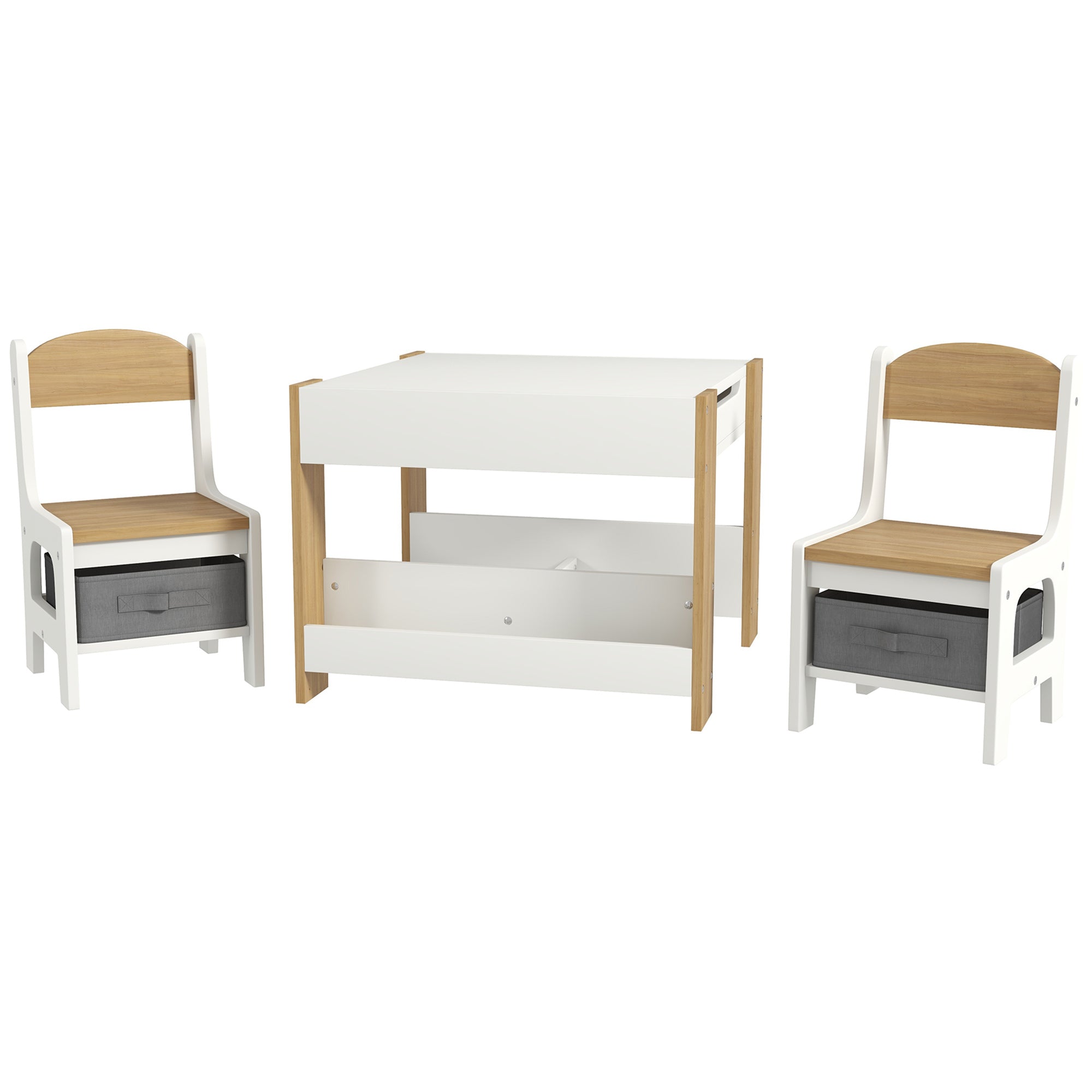 Qaba 3 Piece Kids Table and Chair Set with Reversible Tabletop, Blackboard, Storage, Bookshelf, for Playroom, Nursery Natural-Toys & Games > Toddler & Kids Furniture > Kids Table Sets-DECOROLALA
