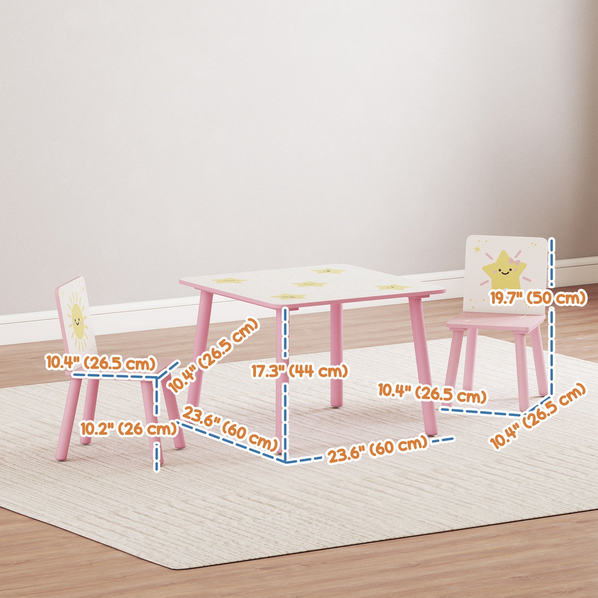 Qaba 3-Piece Kids Table and Chair Set with Star Pattern for Boys and Girls Aged 3-8, Bedroom, Nursery, Playroom, Pink-Toys & Games > Toddler & Kids Furniture > Kids Table Sets-DECOROLALA