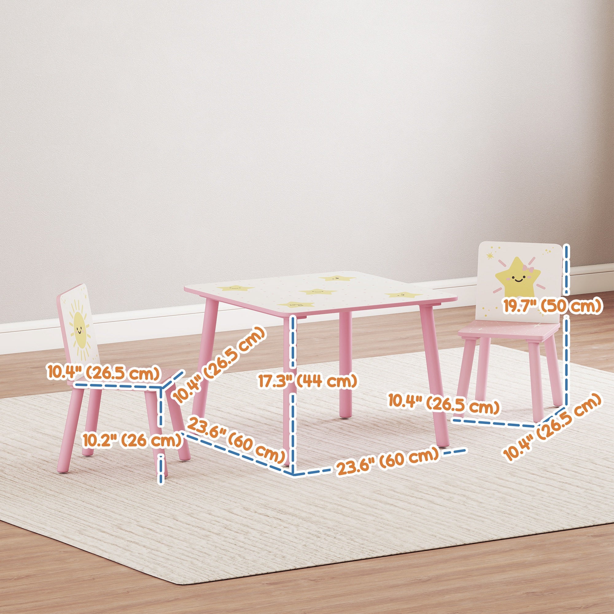 Qaba 3-Piece Kids Table and Chair Set with Star Pattern for Boys and Girls Aged 3-8, Bedroom, Nursery, Playroom, Pink-Toys & Games > Toddler & Kids Furniture > Kids Table Sets-DECOROLALA