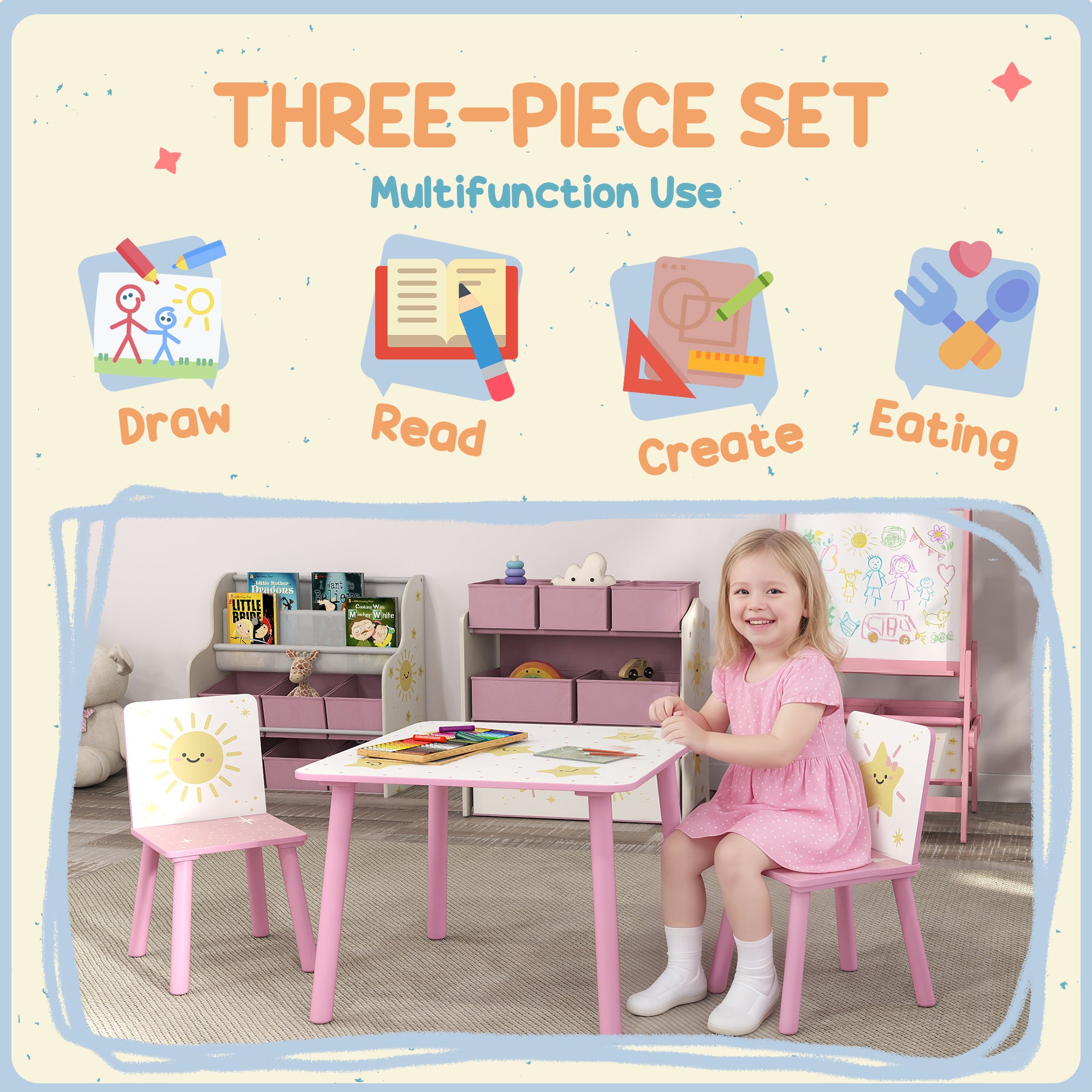 Qaba 3-Piece Kids Table and Chair Set with Star Pattern for Boys and Girls Aged 3-8, Bedroom, Nursery, Playroom, Pink-Toys & Games > Toddler & Kids Furniture > Kids Table Sets-DECOROLALA