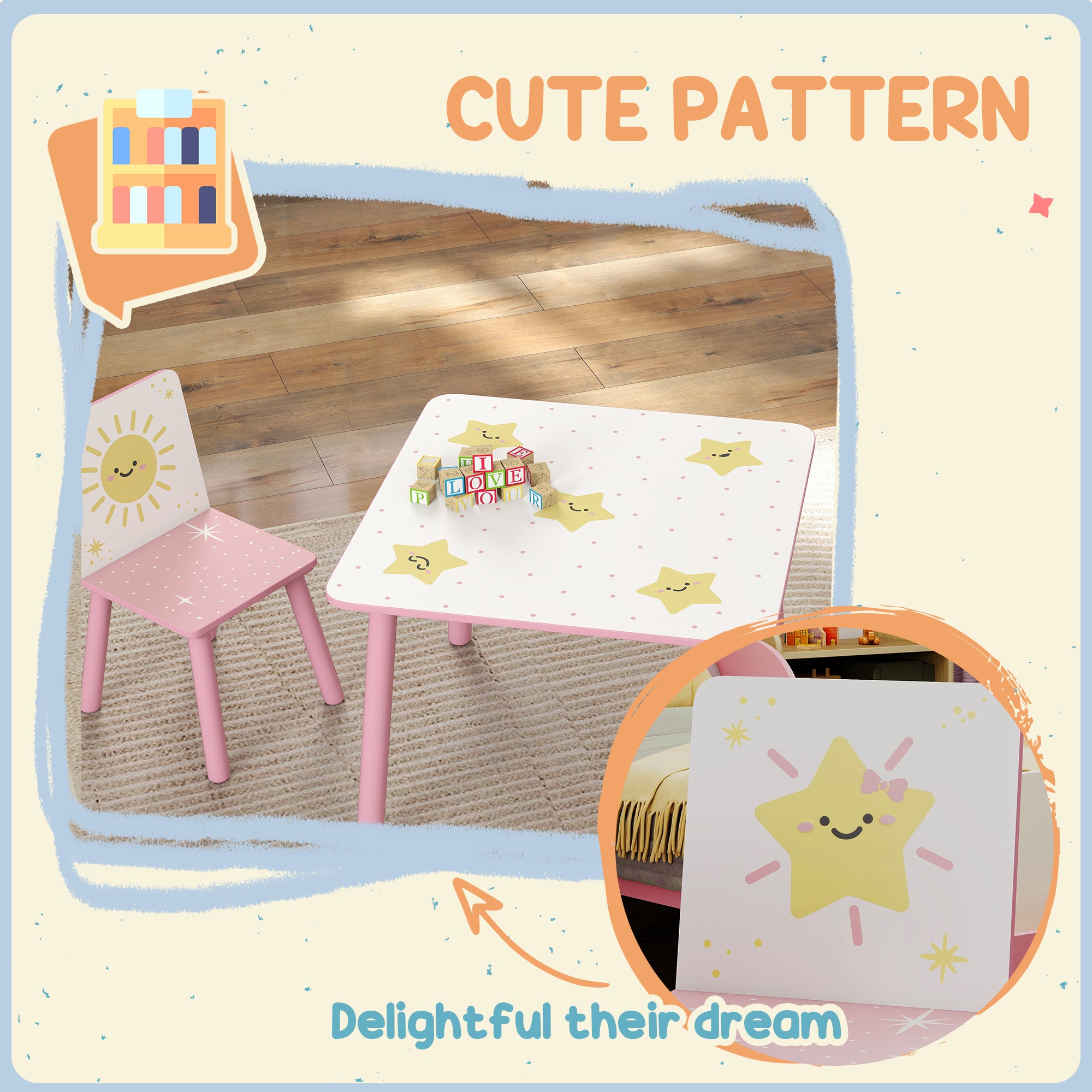 Qaba 3-Piece Kids Table and Chair Set with Star Pattern for Boys and Girls Aged 3-8, Bedroom, Nursery, Playroom, Pink-Toys & Games > Toddler & Kids Furniture > Kids Table Sets-DECOROLALA