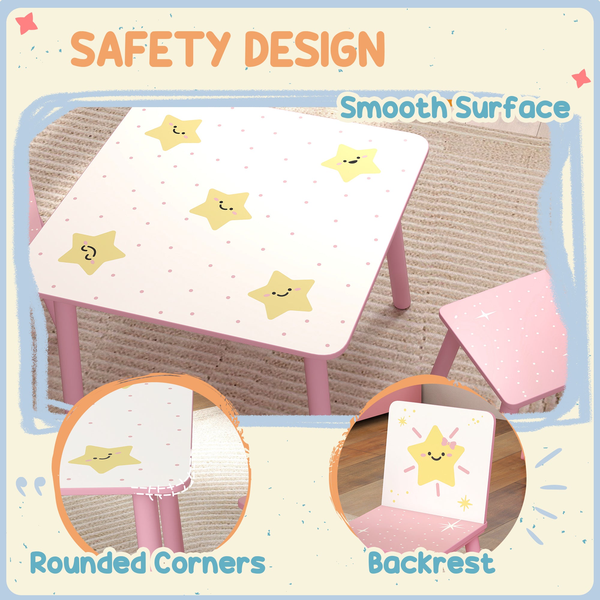 Qaba 3-Piece Kids Table and Chair Set with Star Pattern for Boys and Girls Aged 3-8, Bedroom, Nursery, Playroom, Pink-Toys & Games > Toddler & Kids Furniture > Kids Table Sets-DECOROLALA