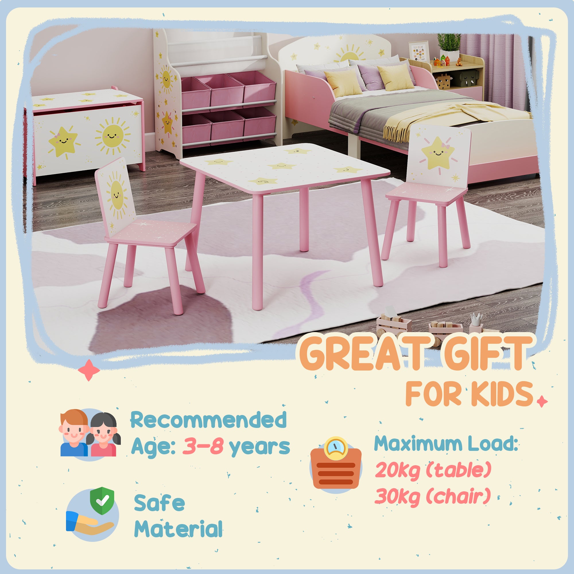 Qaba 3-Piece Kids Table and Chair Set with Star Pattern for Boys and Girls Aged 3-8, Bedroom, Nursery, Playroom, Pink-Toys & Games > Toddler & Kids Furniture > Kids Table Sets-DECOROLALA