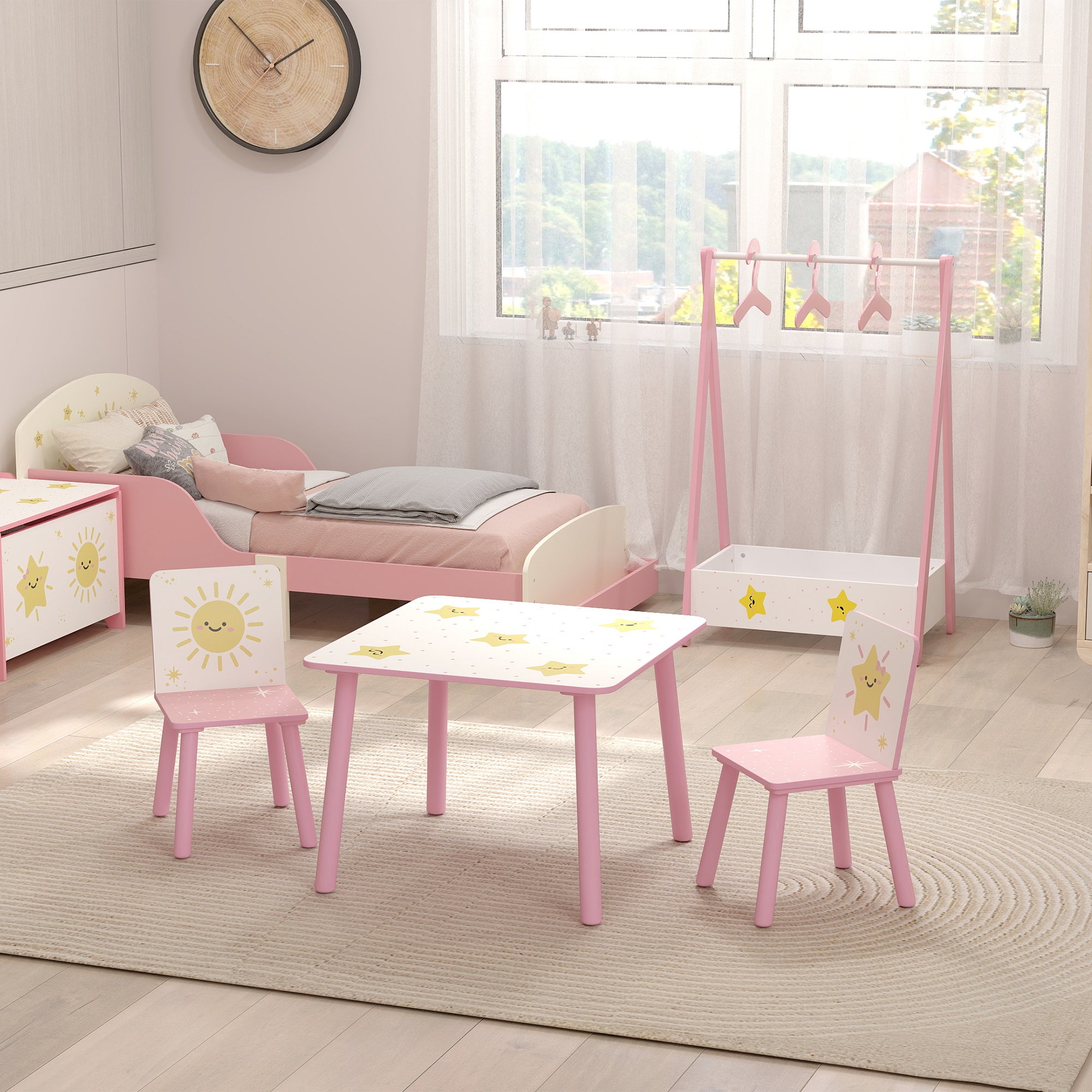Qaba 3-Piece Kids Table and Chair Set with Star Pattern for Boys and Girls Aged 3-8, Bedroom, Nursery, Playroom, Pink-Toys & Games > Toddler & Kids Furniture > Kids Table Sets-DECOROLALA