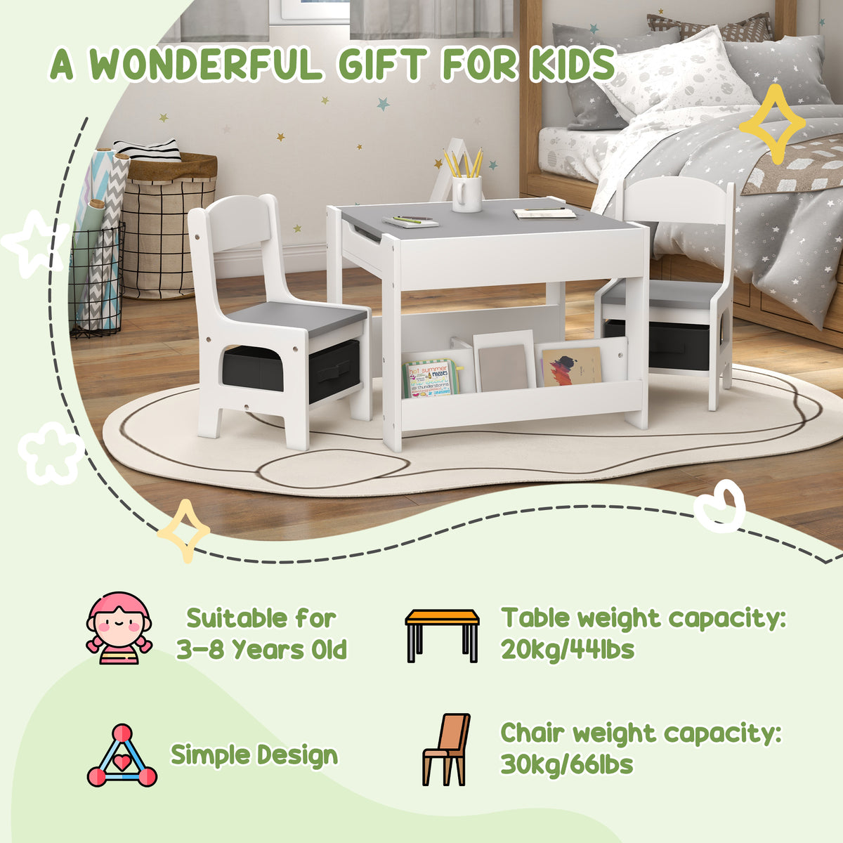 Qaba 3-Piece Kids Table and Chair Set with Storage - Grey-Toys & Games > Toddler & Kids Furniture > Kids Table Sets-DECOROLALA