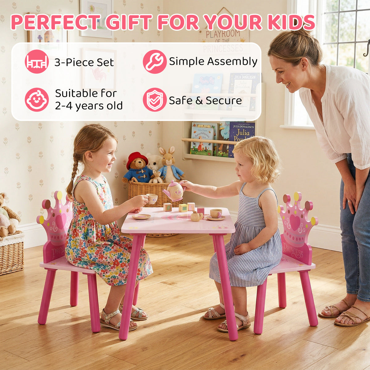Qaba 3-Piece Kids Wooden Table and Chair Set - Pink Crown-Toys & Games > Toddler & Kids Furniture > Kids Table Sets-DECOROLALA