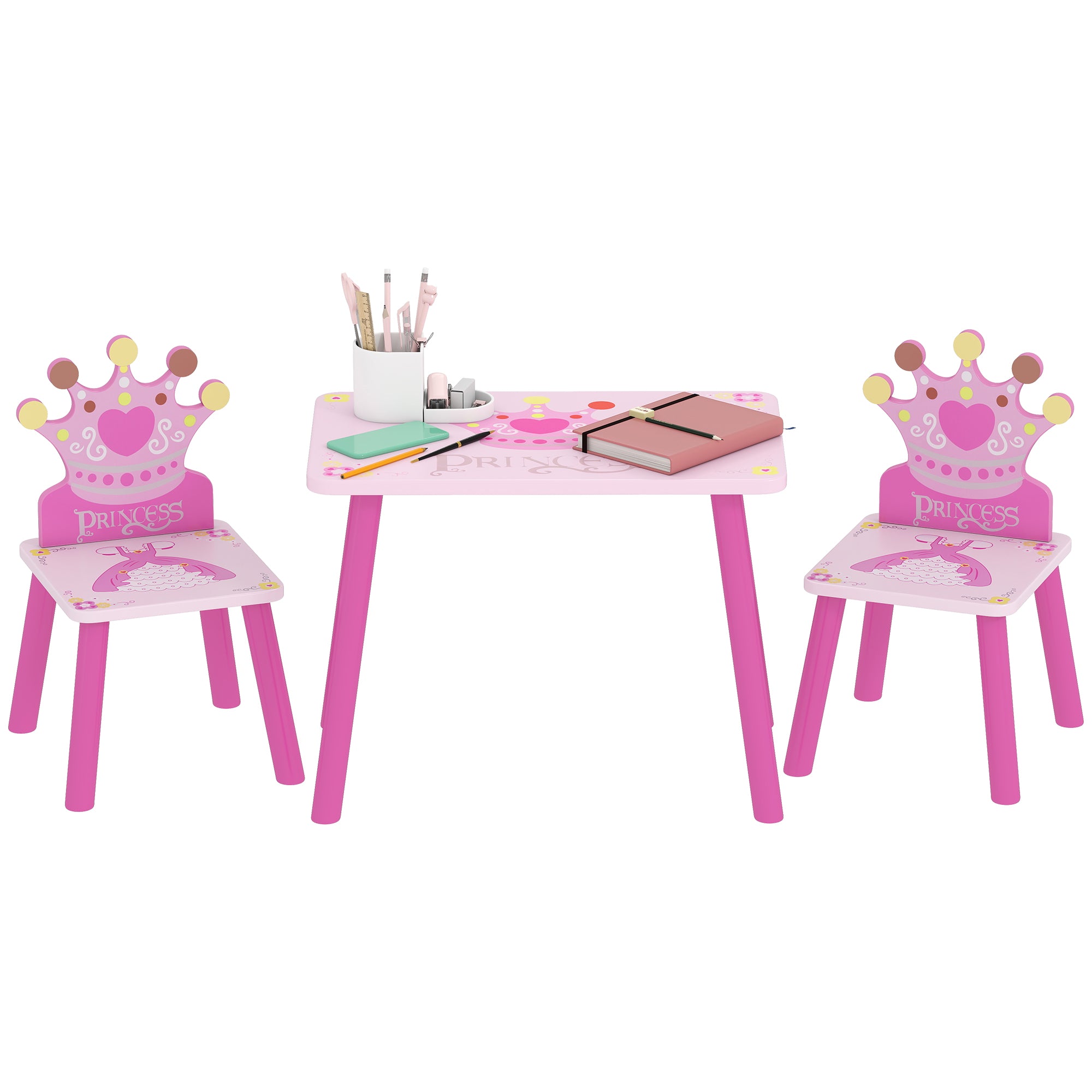Qaba 3-Piece Kids Wooden Table and Chair Set - Pink Crown-Toys & Games > Toddler & Kids Furniture > Kids Table Sets-DECOROLALA