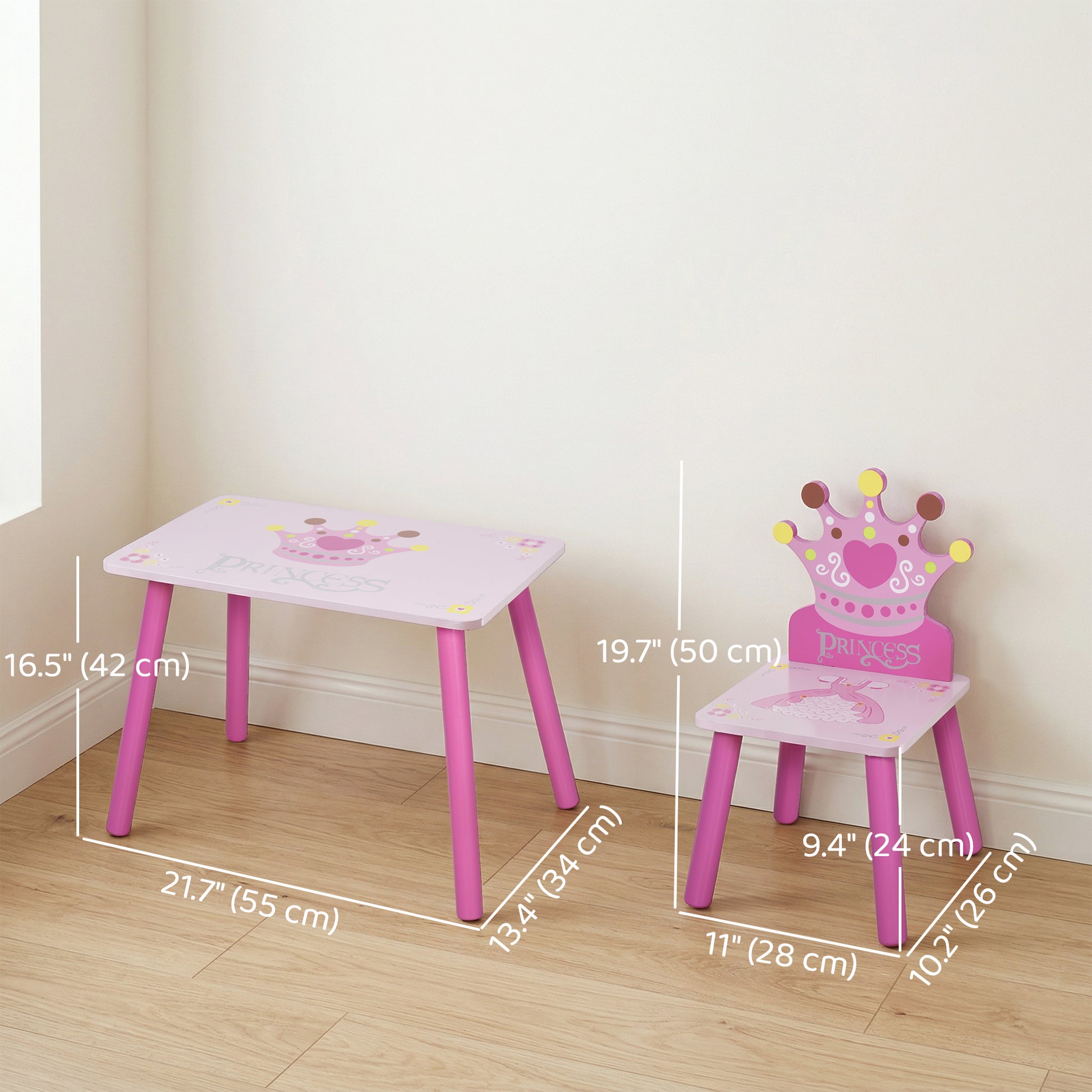 Qaba 3-Piece Set Kids Wooden Table Chair with Crown Pattern Easy to Clean Gift for Girls Toddlers Age 2-4 Years Old Pink-Toys & Games > Toddler & Kids Furniture > Kids Table Sets-DECOROLALA