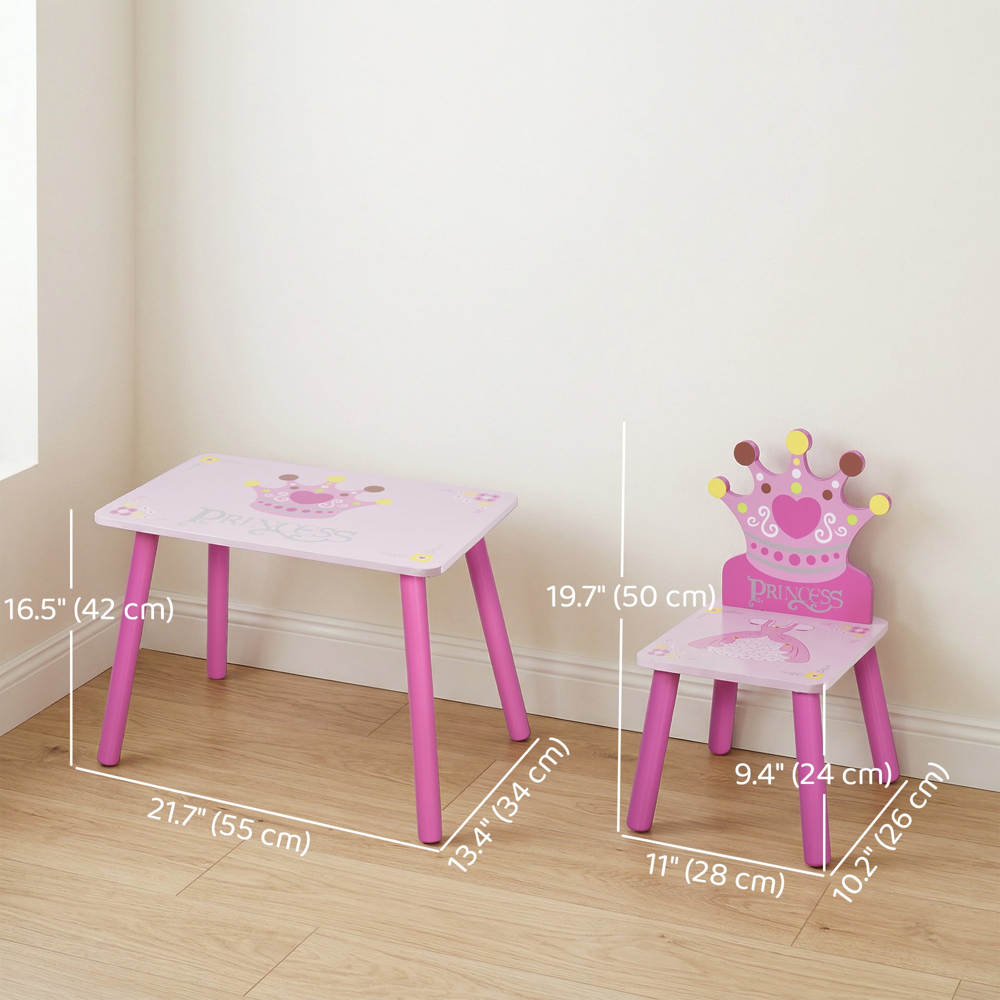 Qaba 3-Piece Set Kids Wooden Table Chair with Crown Pattern Easy to Clean Gift for Girls Toddlers Age 2-4 Years Old Pink-Toys & Games > Toddler & Kids Furniture > Kids Table Sets-DECOROLALA
