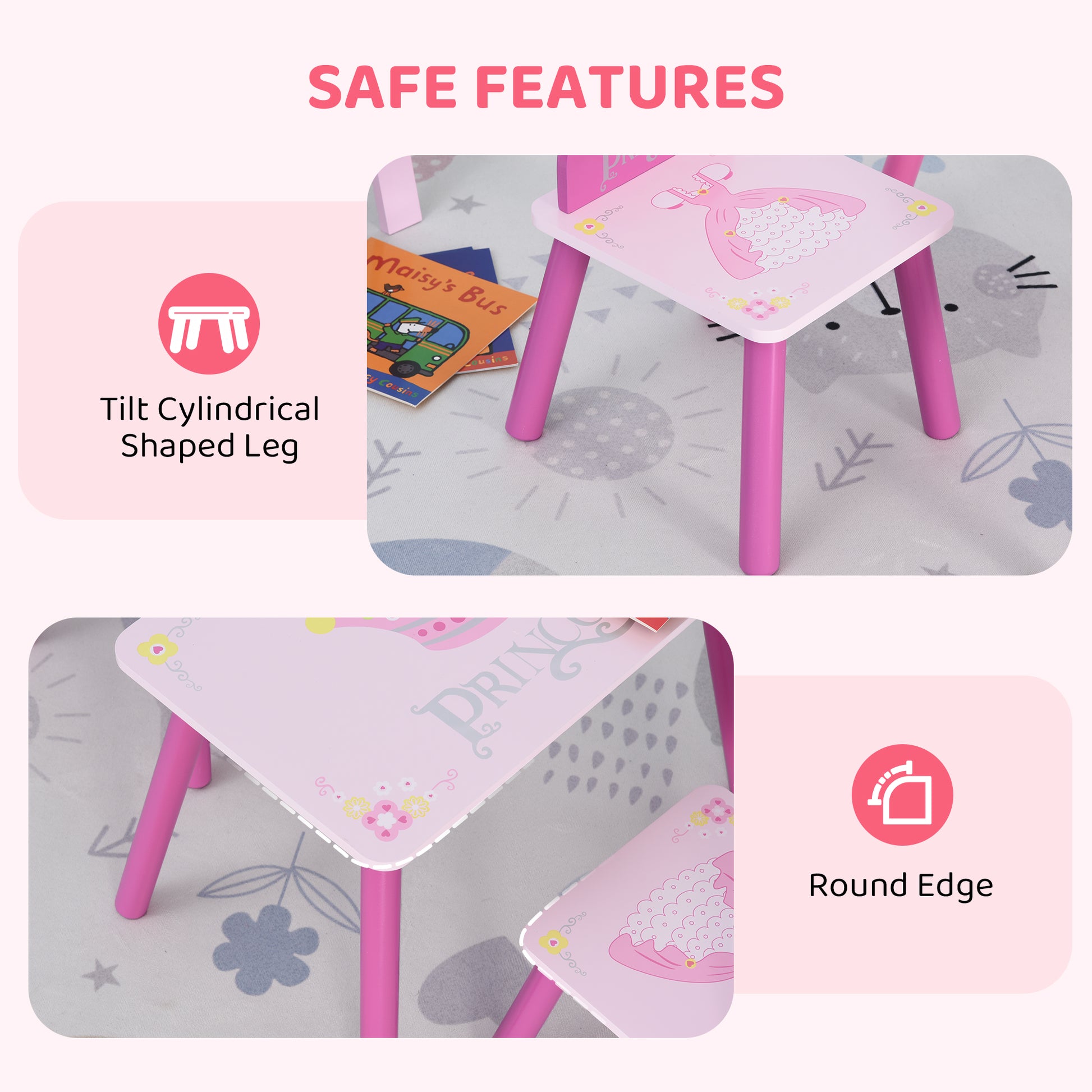 Qaba 3-Piece Set Kids Wooden Table Chair with Crown Pattern Easy to Clean Gift for Girls Toddlers Age 2-4 Years Old Pink-Toys & Games > Toddler & Kids Furniture > Kids Table Sets-DECOROLALA