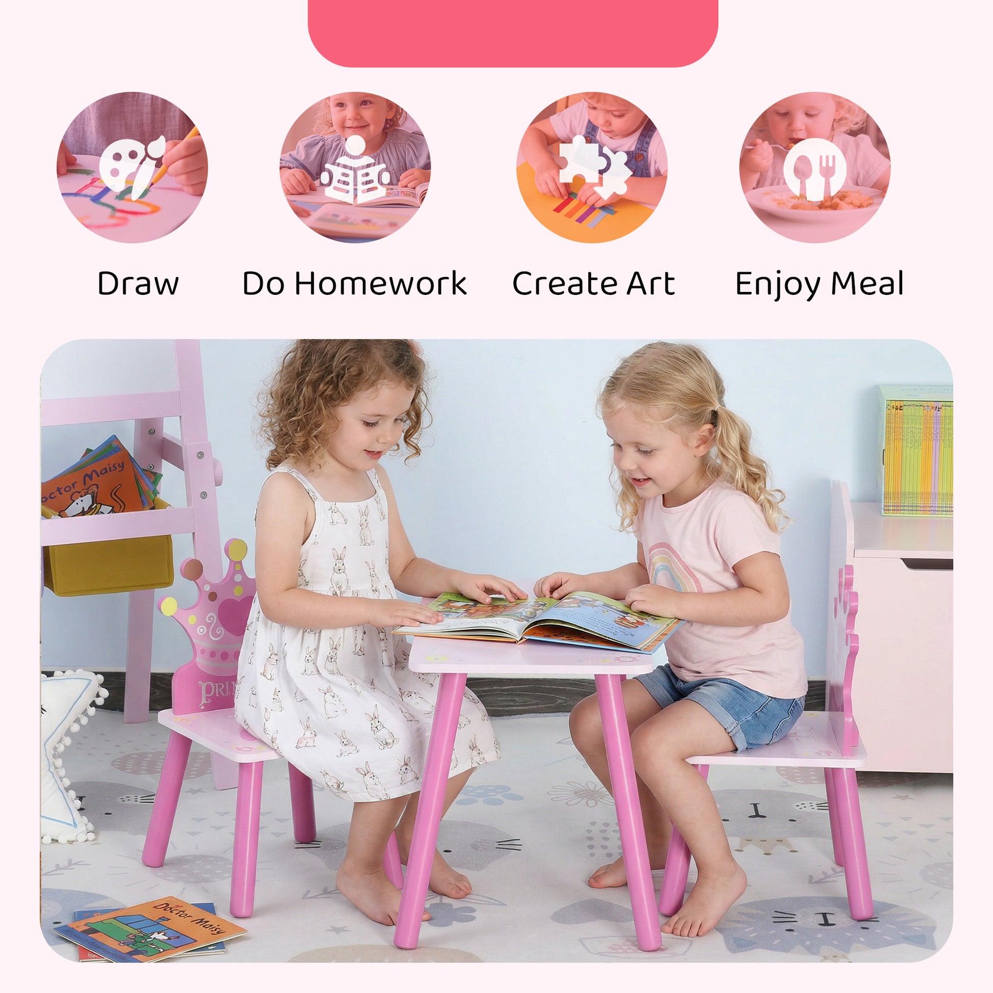 Qaba 3-Piece Set Kids Wooden Table Chair with Crown Pattern Easy to Clean Gift for Girls Toddlers Age 2-4 Years Old Pink-Toys & Games > Toddler & Kids Furniture > Kids Table Sets-DECOROLALA