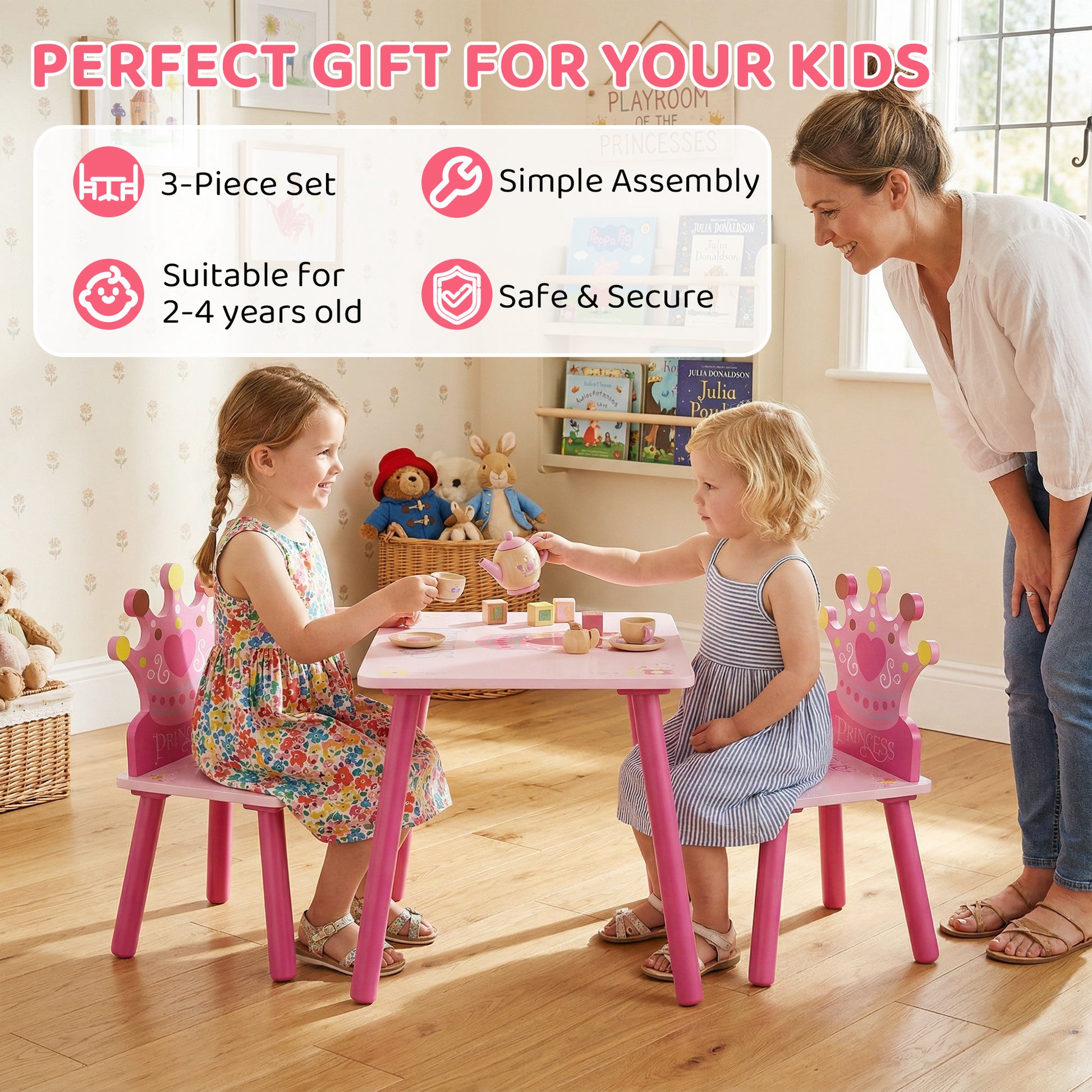 Qaba 3-Piece Set Kids Wooden Table Chair with Crown Pattern Easy to Clean Gift for Girls Toddlers Age 2-4 Years Old Pink-Toys & Games > Toddler & Kids Furniture > Kids Table Sets-DECOROLALA