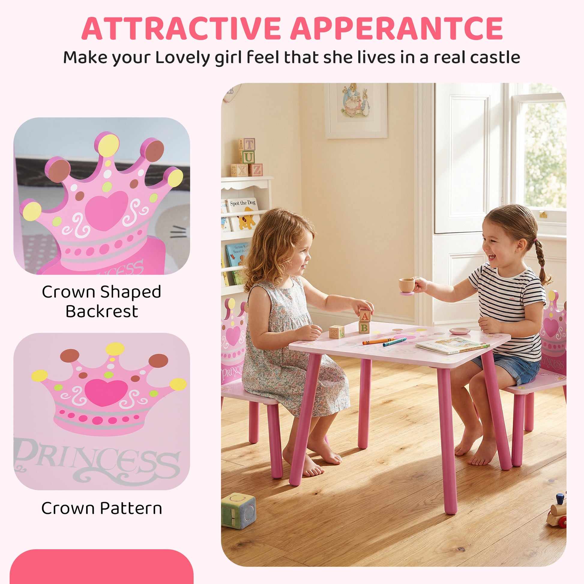 Qaba 3-Piece Set Kids Wooden Table Chair with Crown Pattern Easy to Clean Gift for Girls Toddlers Age 2-4 Years Old Pink-Toys & Games > Toddler & Kids Furniture > Kids Table Sets-DECOROLALA