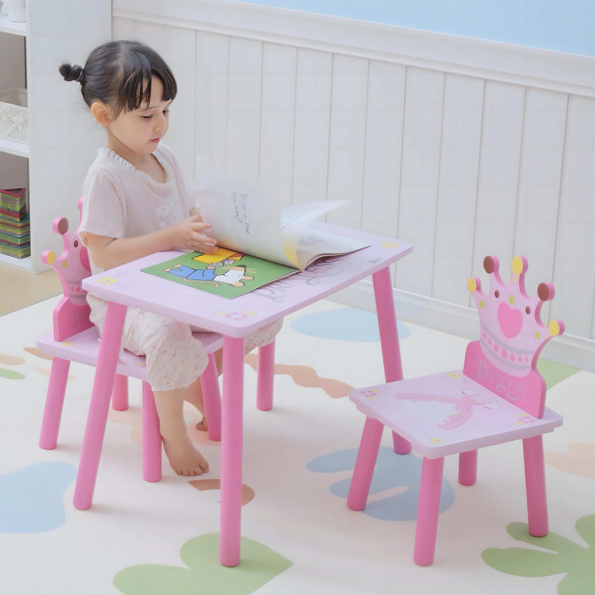 Qaba 3-Piece Set Kids Wooden Table Chair with Crown Pattern Easy to Clean Gift for Girls Toddlers Age 2-4 Years Old Pink-Toys & Games > Toddler & Kids Furniture > Kids Table Sets-DECOROLALA