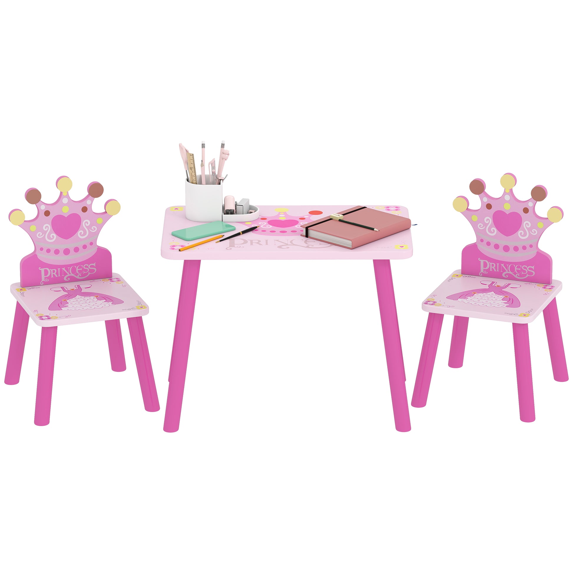 Qaba 3-Piece Set Kids Wooden Table Chair with Crown Pattern Easy to Clean Gift for Girls Toddlers Age 2-4 Years Old Pink-Toys & Games > Toddler & Kids Furniture > Kids Table Sets-DECOROLALA
