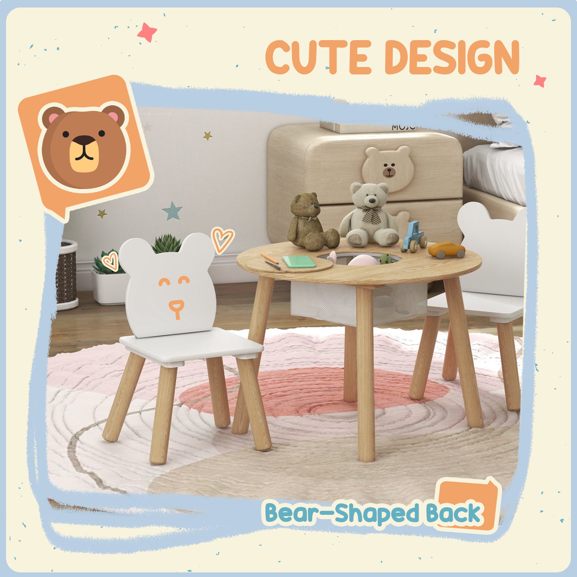 Qaba 3 Pieces Kids Table and Chair Set, Activity Table and Chair Set with Bear-Shaped Chairs, Mesh Bag-Toys & Games > Toddler & Kids Furniture > Kids Table Sets-DECOROLALA