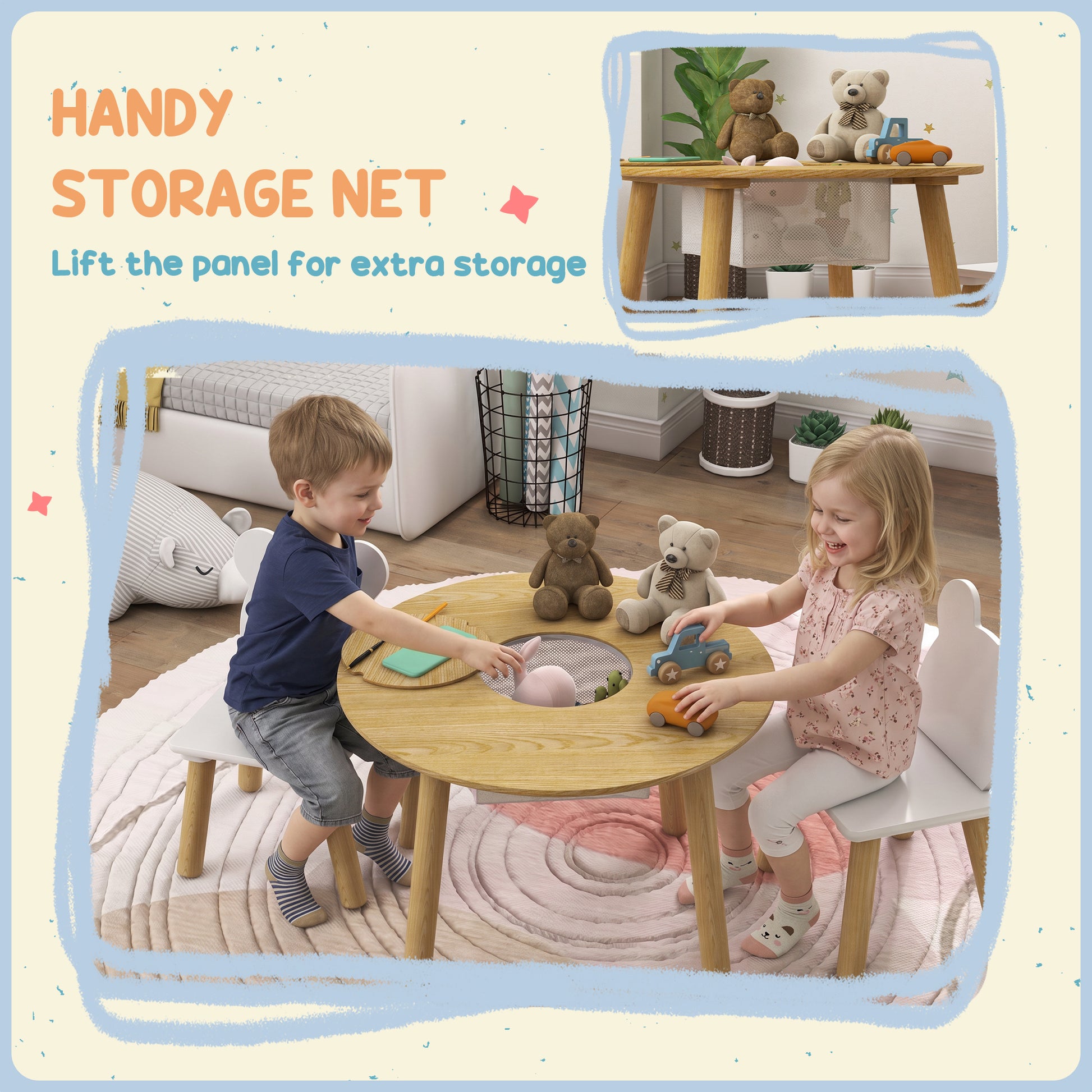 Qaba 3 Pieces Kids Table and Chair Set, Activity Table and Chair Set with Bear-Shaped Chairs, Mesh Bag-Toys & Games > Toddler & Kids Furniture > Kids Table Sets-DECOROLALA