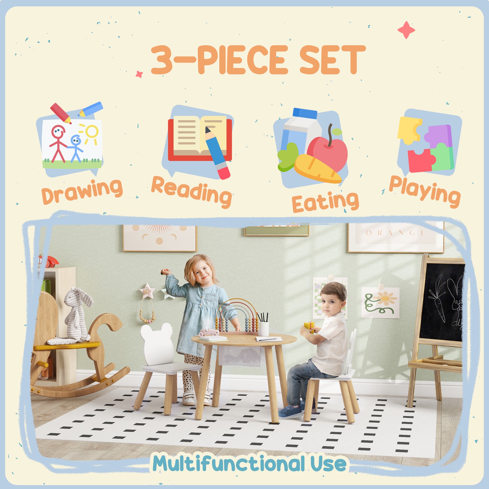 Qaba 3 Pieces Kids Table and Chair Set, Activity Table and Chair Set with Bear-Shaped Chairs, Mesh Bag-Toys & Games > Toddler & Kids Furniture > Kids Table Sets-DECOROLALA