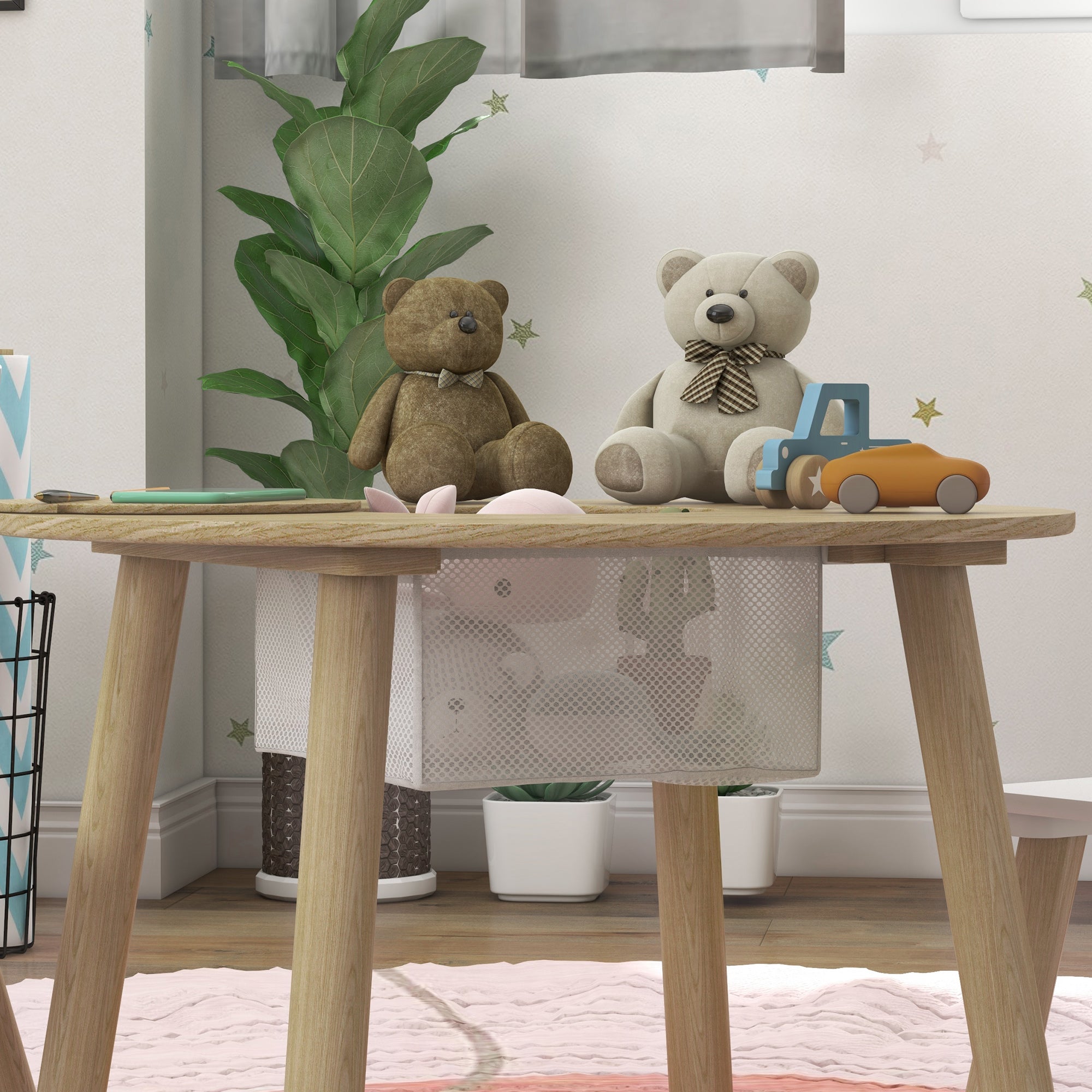 Qaba 3 Pieces Kids Table and Chair Set, Activity Table and Chair Set with Bear-Shaped Chairs, Mesh Bag-Toys & Games > Toddler & Kids Furniture > Kids Table Sets-DECOROLALA