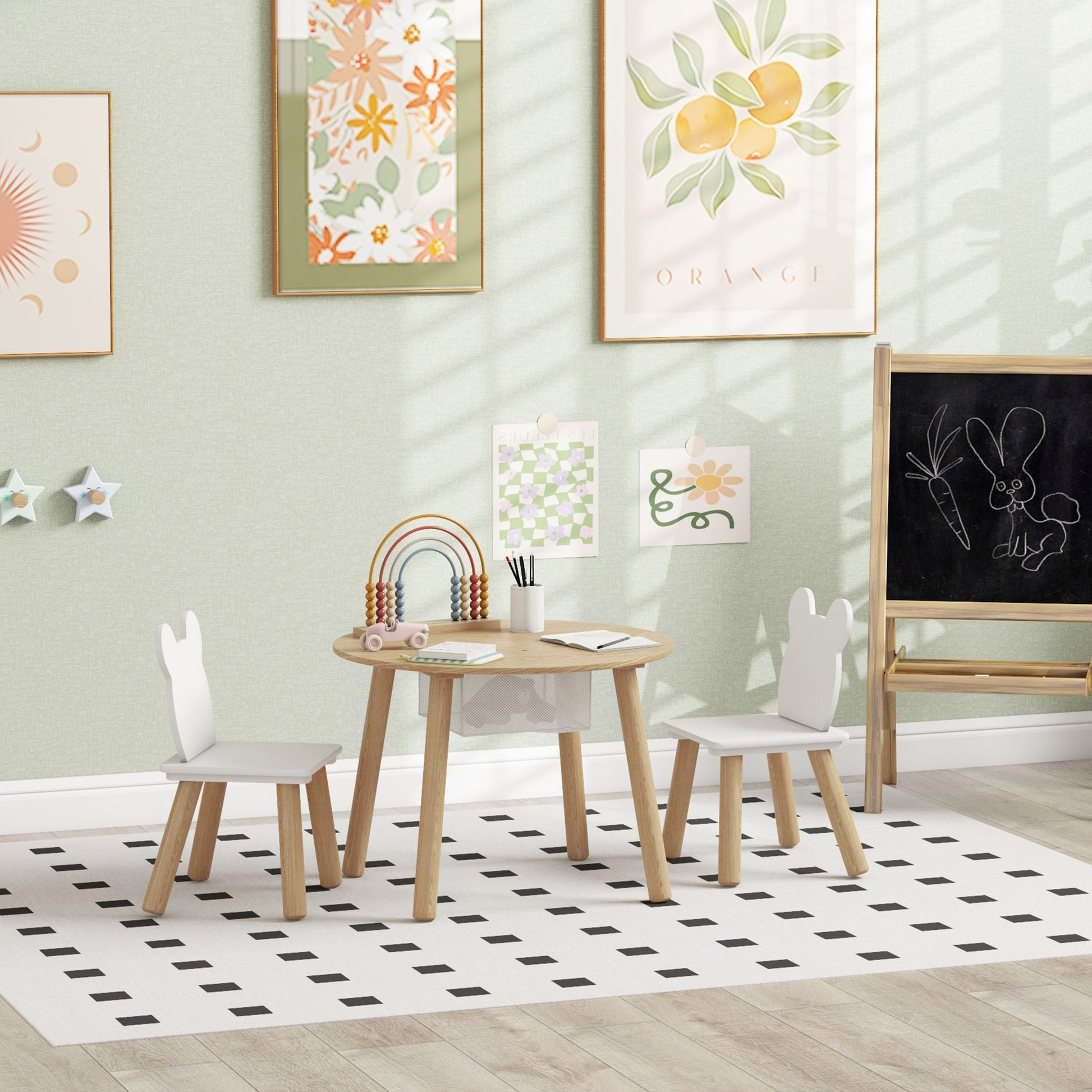 Qaba 3 Pieces Kids Table and Chair Set, Activity Table and Chair Set with Bear-Shaped Chairs, Mesh Bag-Toys & Games > Toddler & Kids Furniture > Kids Table Sets-DECOROLALA